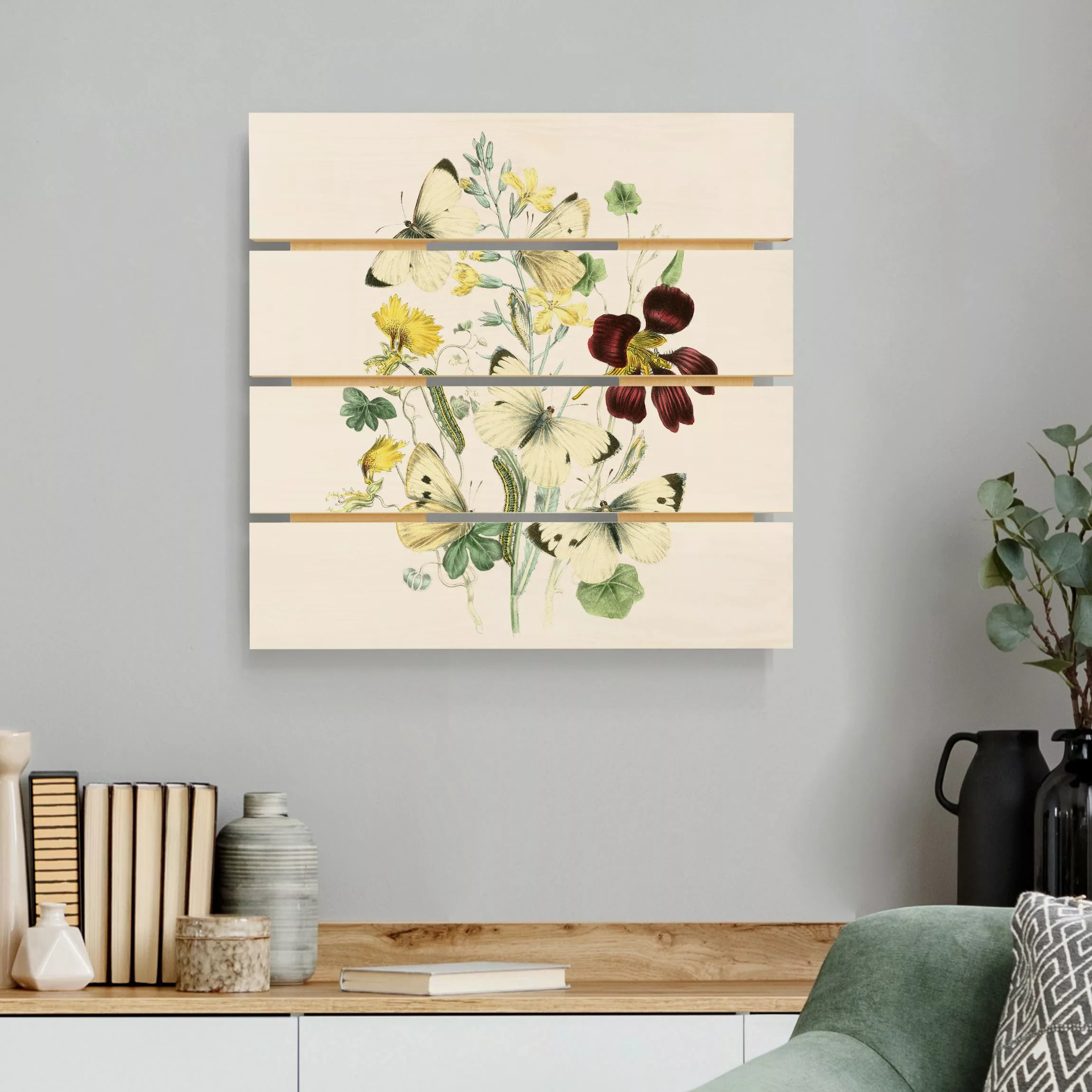 Holzbild Plankenoptik Blumen - Quadrat Britische Schmetterlinge II günstig online kaufen