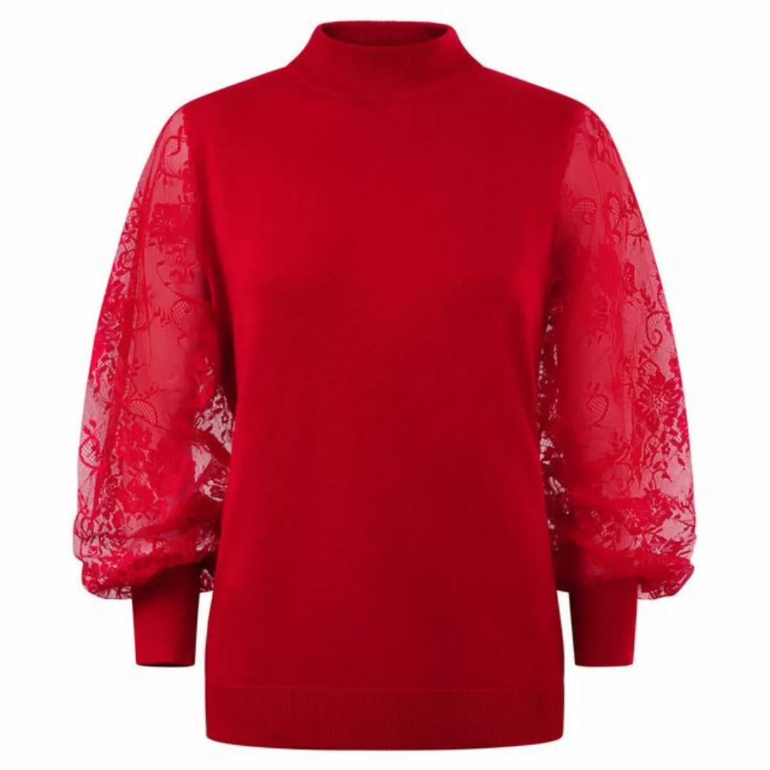 ZE-ZE Nordic Stehkragenpullover Pullover mit Spitzenarm rot günstig online kaufen