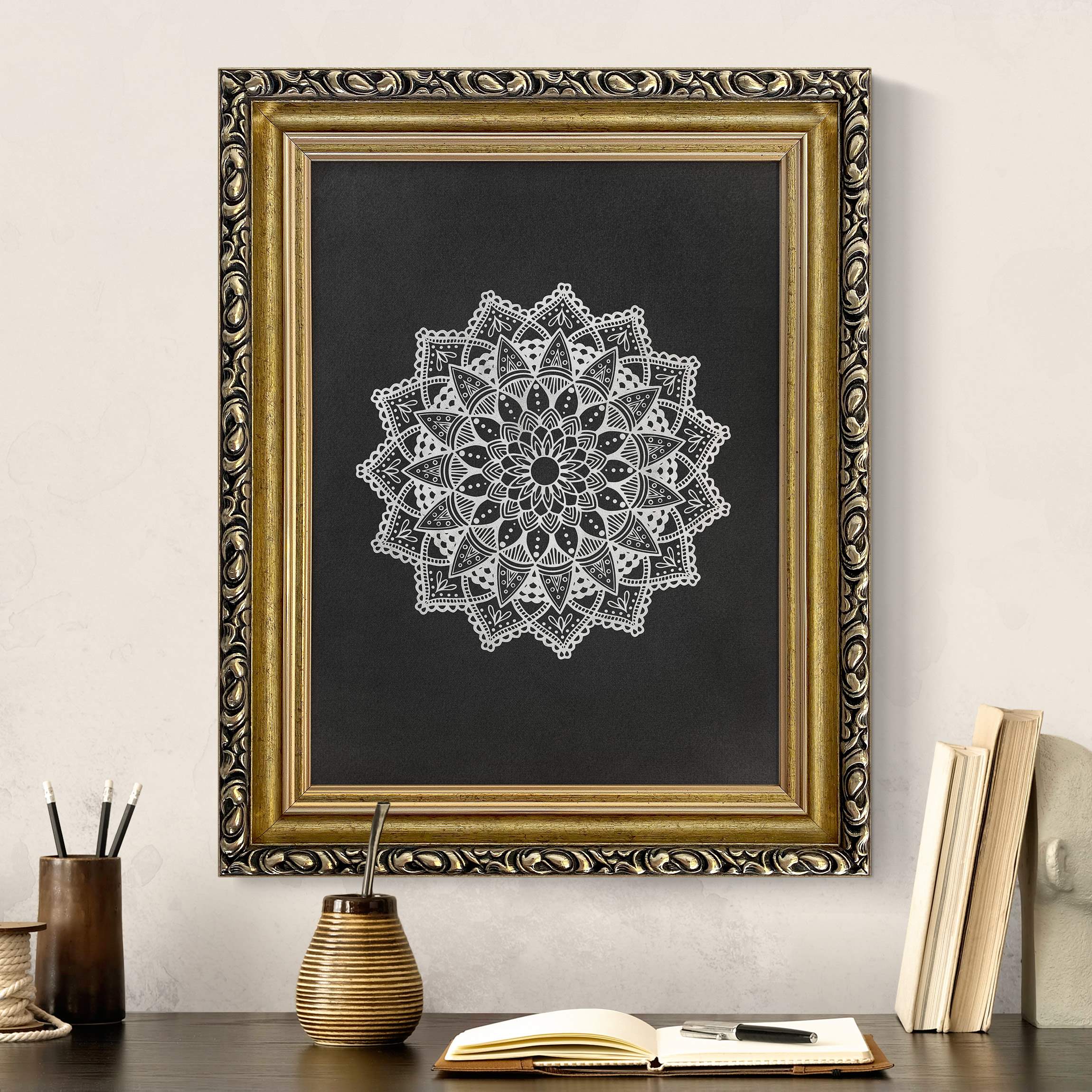 Gerahmtes Leinwandbild Mandala Illustration Ornament weiß schwarz günstig online kaufen