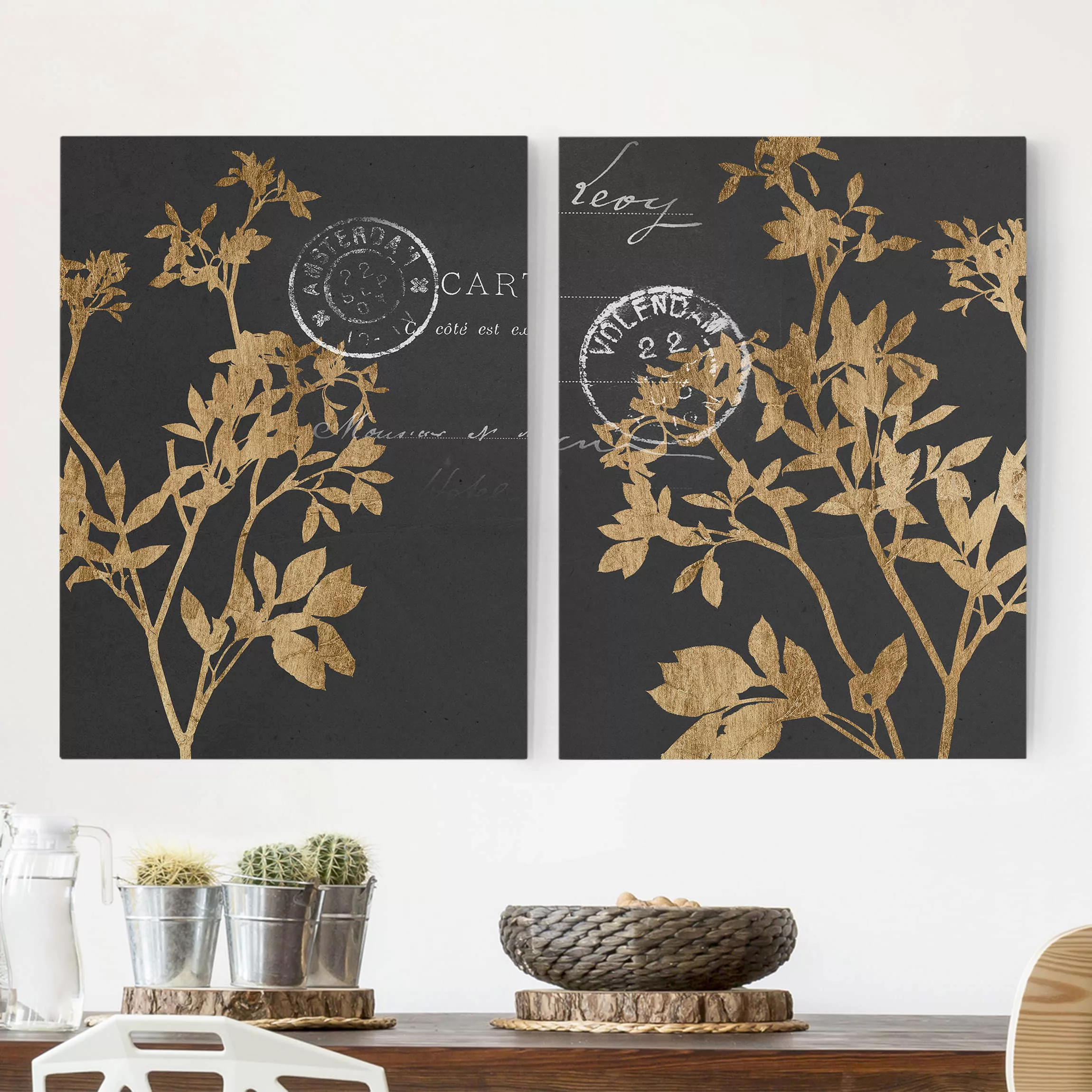 2-teiliges Leinwandbild Spruch - Hochformat Goldene Blätter auf Mokka Set I günstig online kaufen