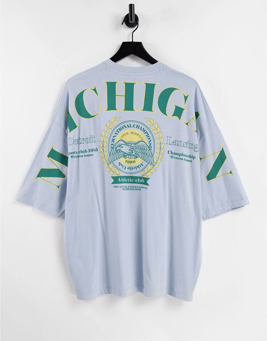 ASOS DESIGN – Oversize-T-Shirt in Blau mit „Michigan”-Collegeprint auf der günstig online kaufen