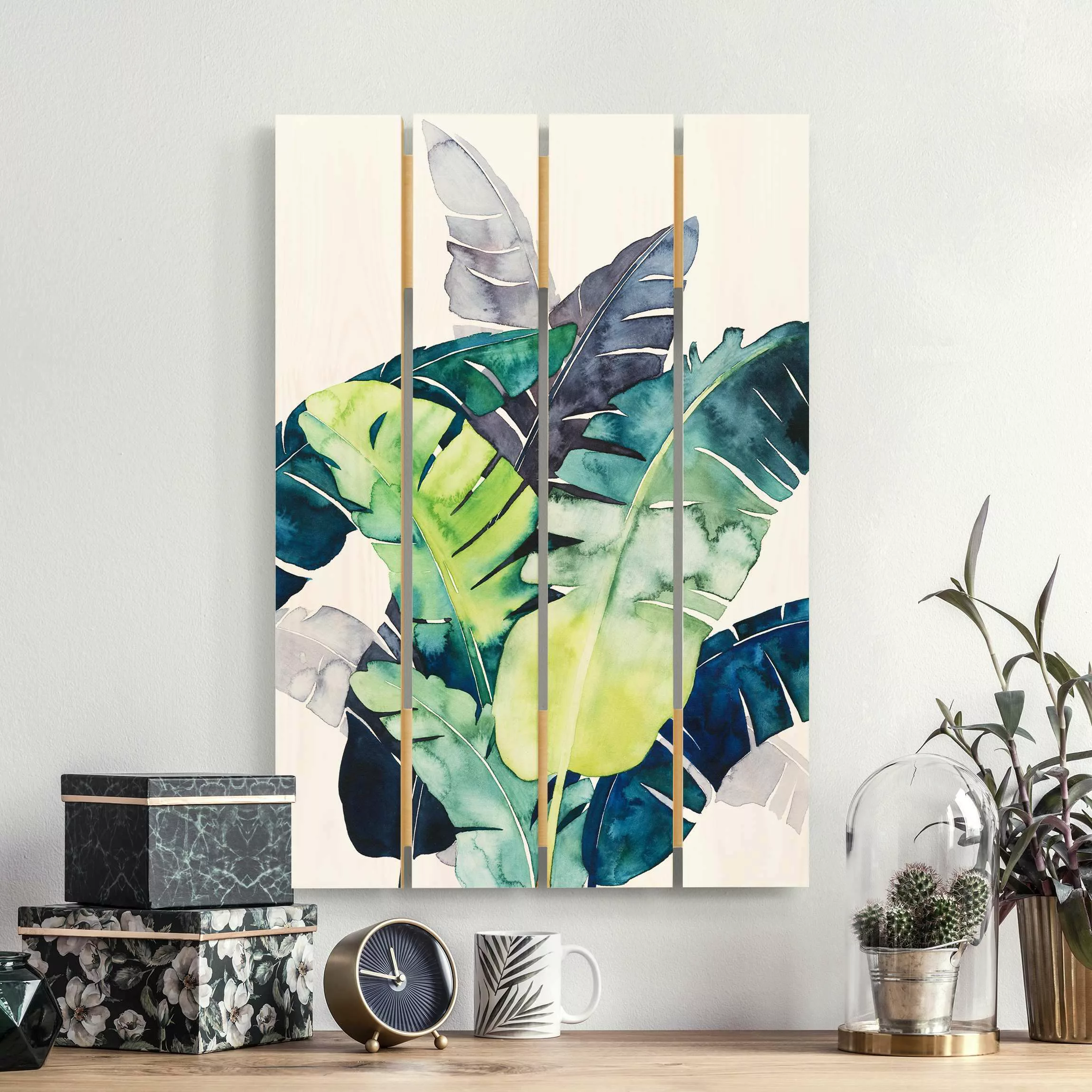 Holzbild Plankenoptik Blumen - Hochformat Exotisches Blattwerk - Banane günstig online kaufen