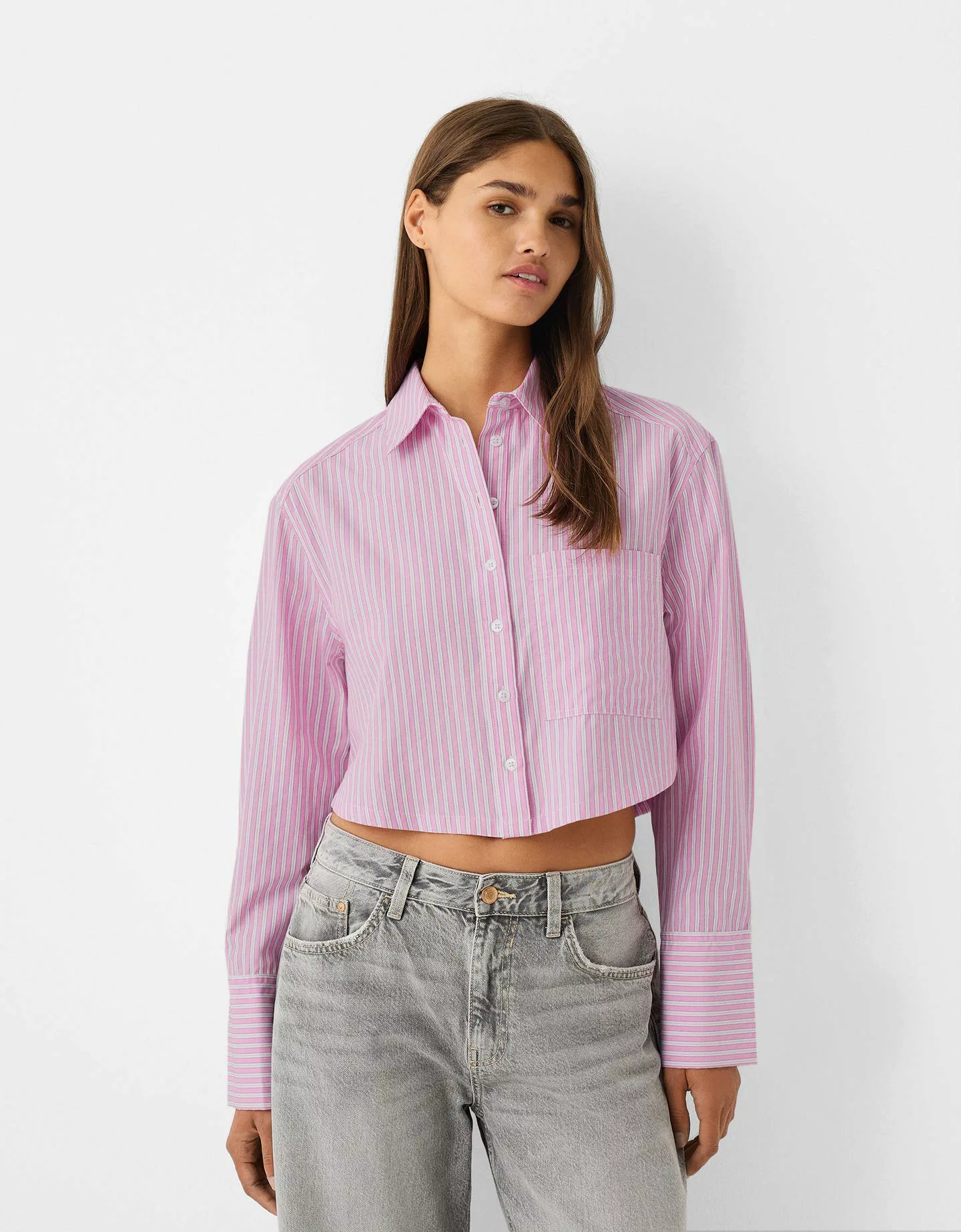 Bershka Cropped-Hemd Aus Popelin Mit Tasche Damen 10-12 Rosa günstig online kaufen