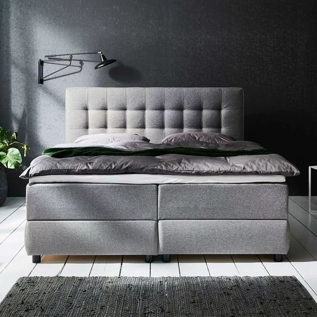 Doppel Bett mit Box Matratze und Bettkasten Grau Stoff günstig online kaufen