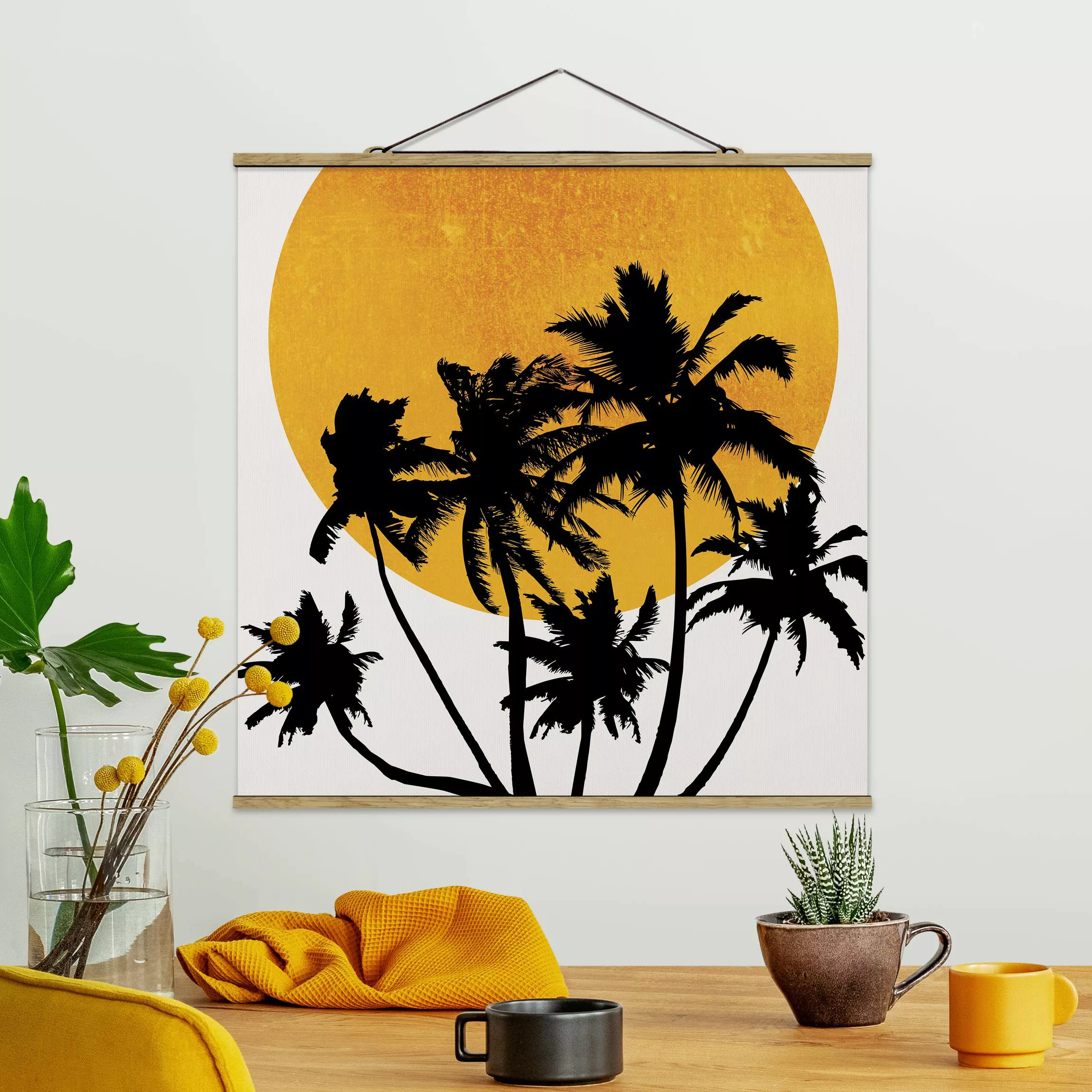 Stoffbild mit Posterleisten Palmen vor goldener Sonne günstig online kaufen