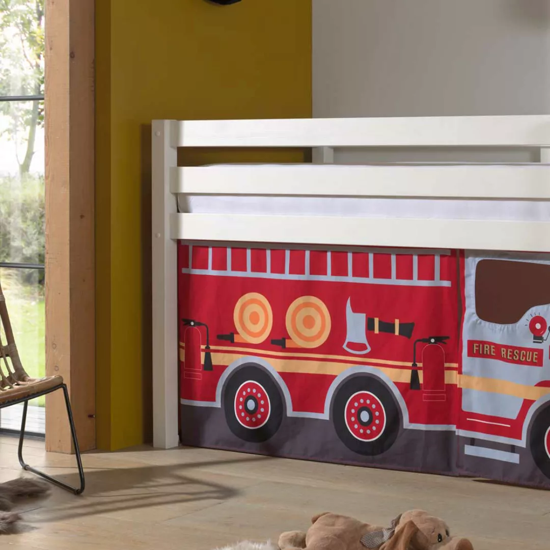 Kinderzimmerbett aus Kiefer Massivholz Vorhang Set Feuerwehr günstig online kaufen