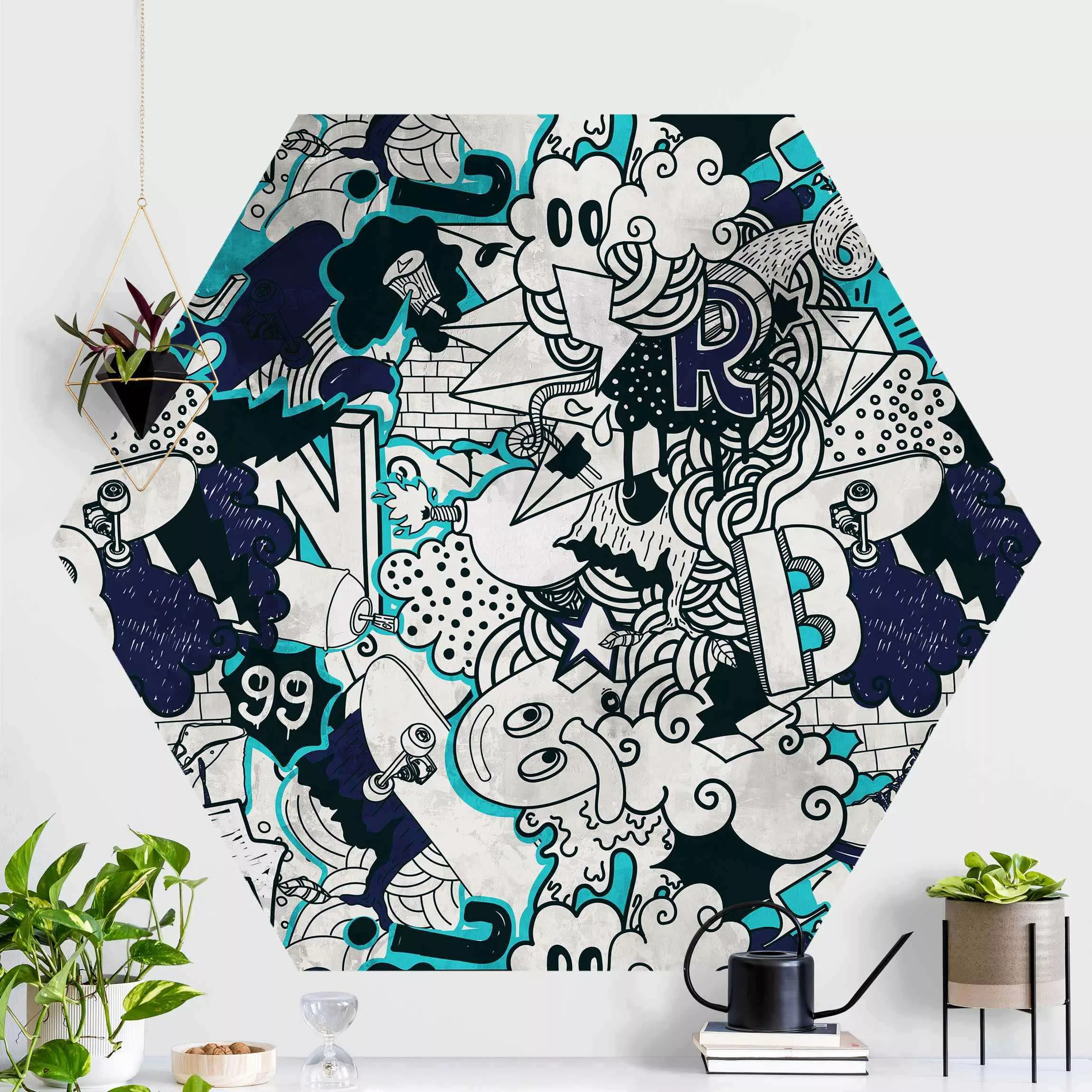 Hexagon Mustertapete selbstklebend Graffiti Art Skater Doodle günstig online kaufen