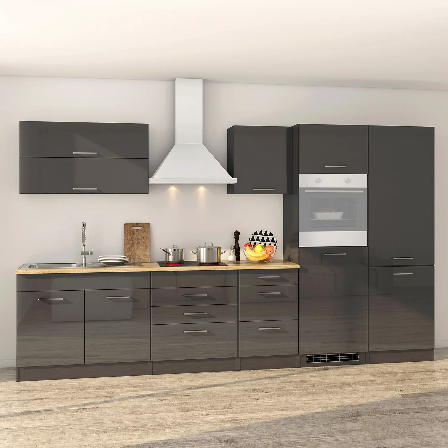 Held Möbel Küchenzeile Mailand 350 cm Grau Hochglanz-Grau Matt ohne E-Gerät günstig online kaufen