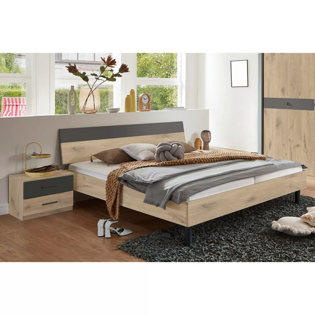 Schlafzimmer-Set 3-teilig BRADFORD-43 Bett 160x200 cm, Eiche mit graphit günstig online kaufen