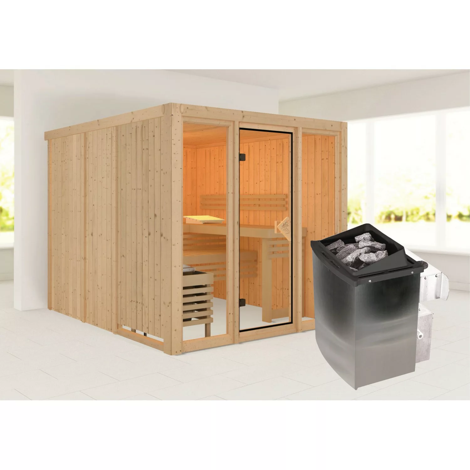 Karibu Sauna Svava Glasfront Set Natur mit Ofen 9 kW integr. Strg. günstig online kaufen