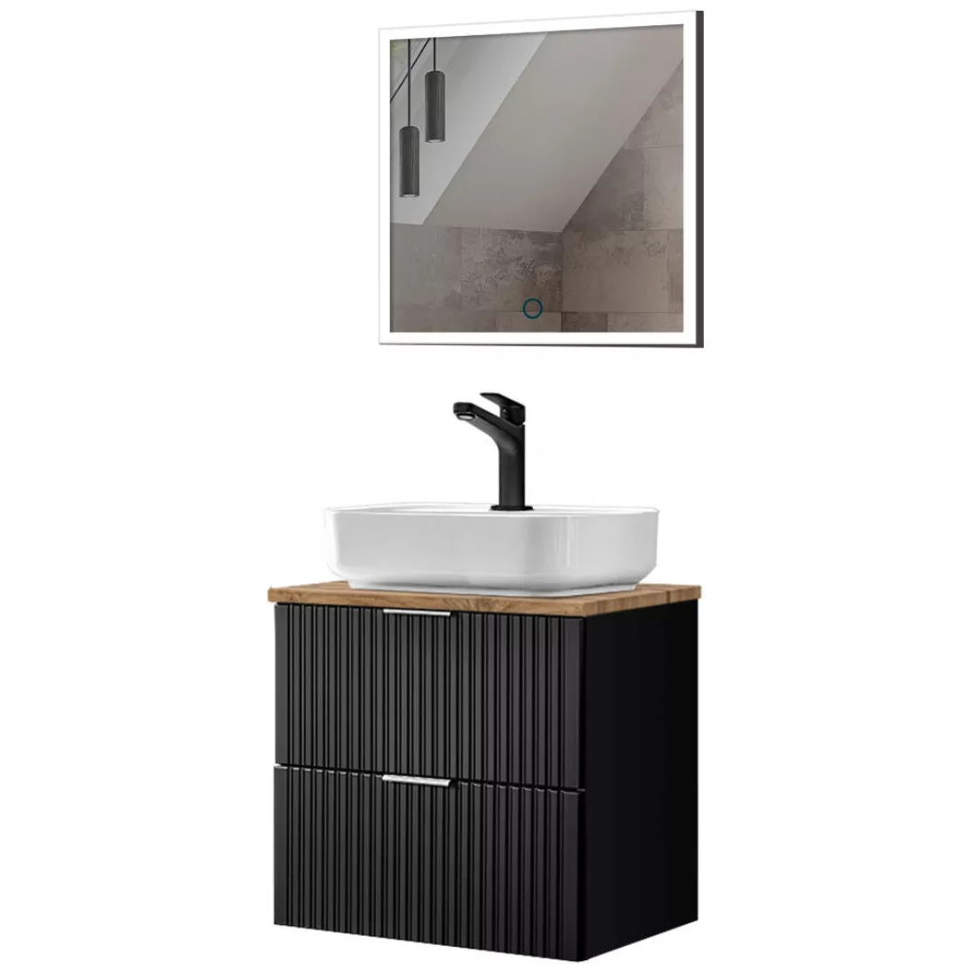 Waschplatz Set, 61cm breit, mit LED-Spiegel, gerillte Front, matt schwarz m günstig online kaufen