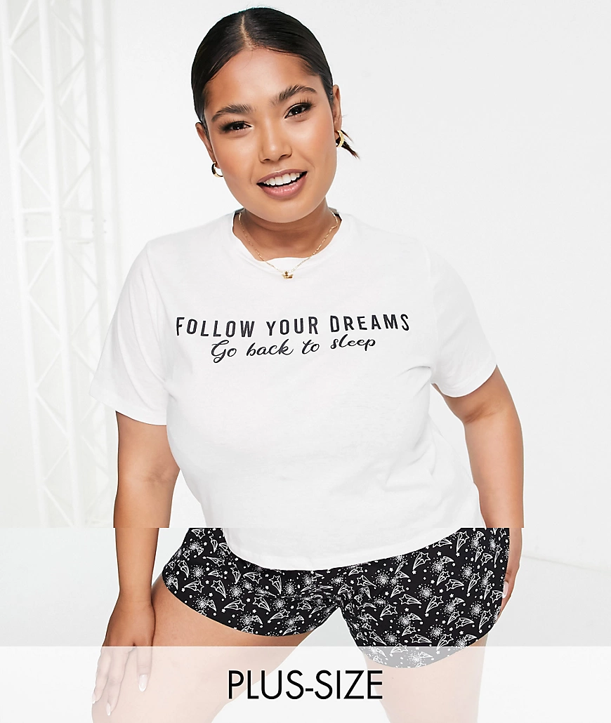 Brave Soul Plus – Follow your dreams – Kurzes Pyjamaset in Schwarz und weiß günstig online kaufen