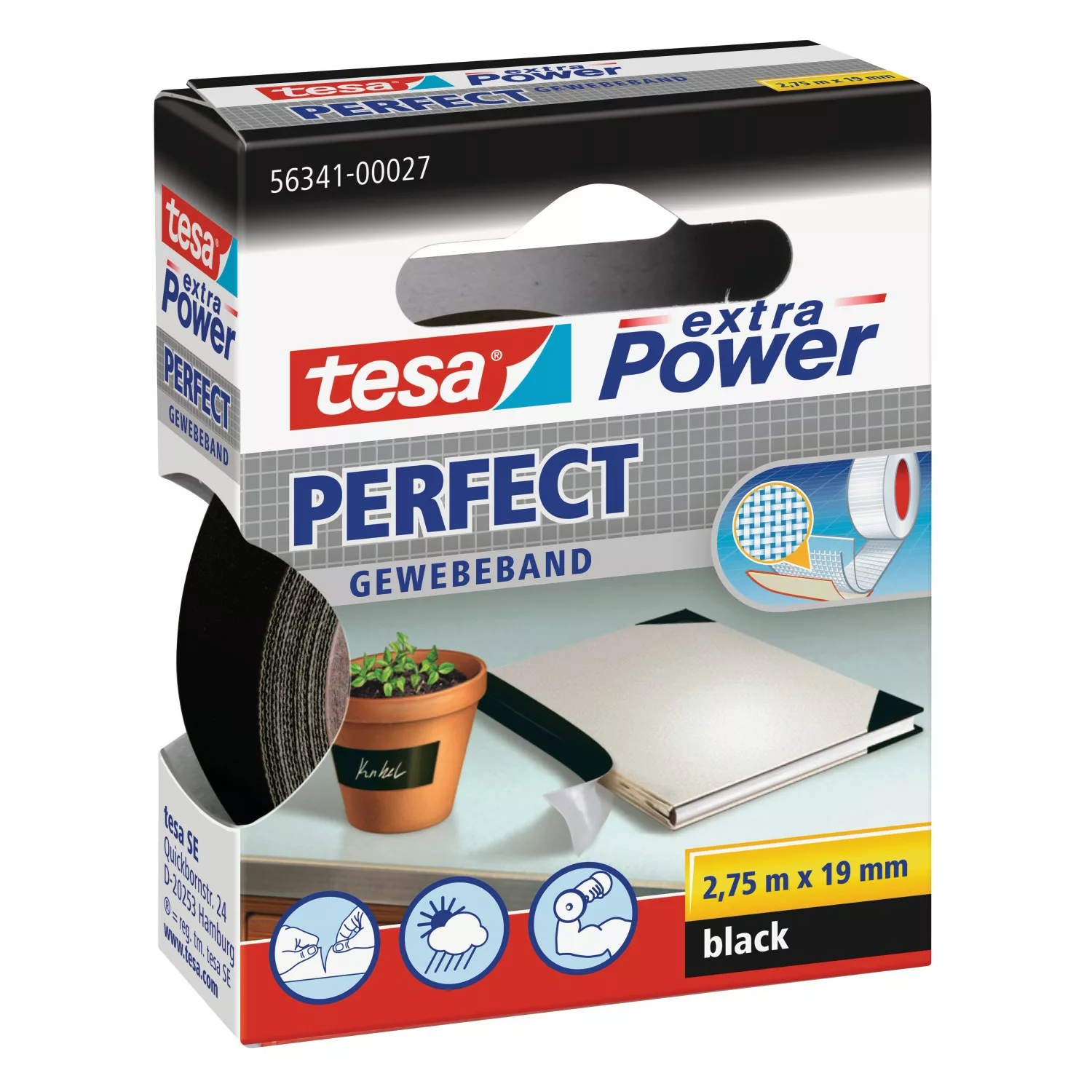TESA Extra Power Perfect Gewebeband schwarz, Bandgröße: 19 mm x 2,75 m günstig online kaufen
