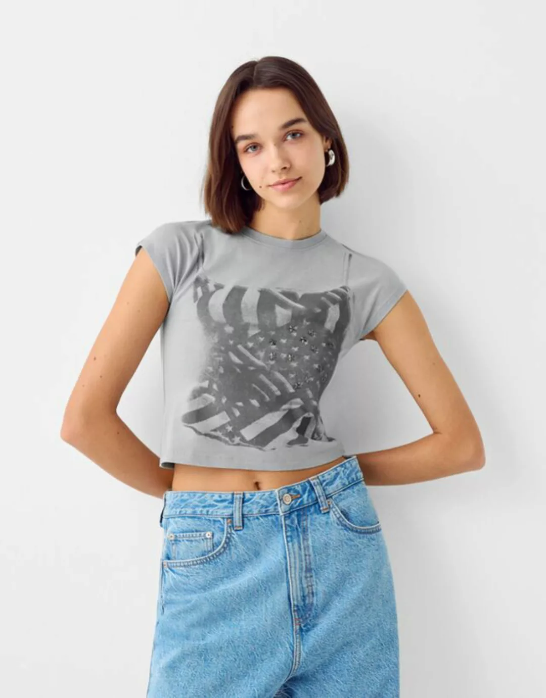 Bershka T-Shirt Mit Kurzen Ärmeln Und Print Damen M Dunkelgrau günstig online kaufen