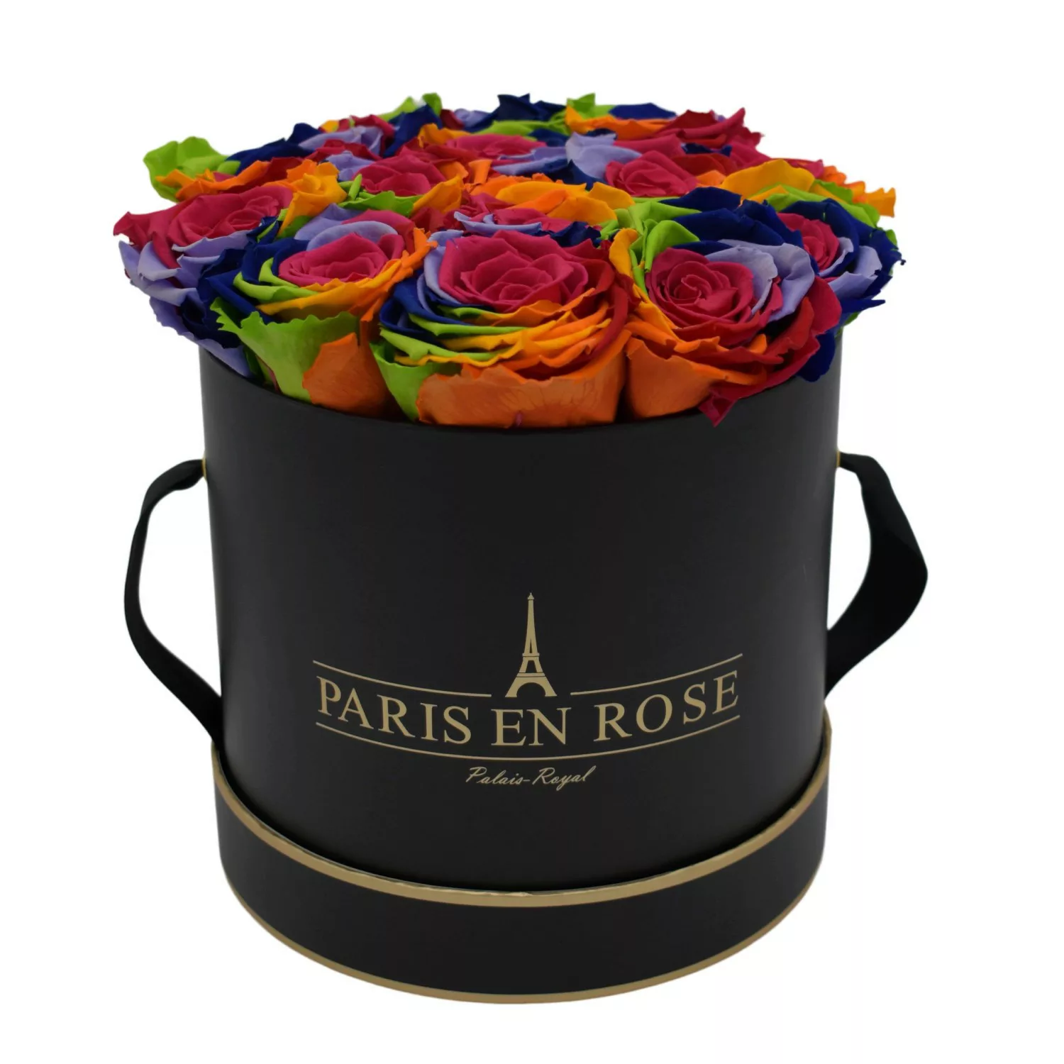 Rosenbox Ø 19 cm Schwarz-Gold mit 14 Rainbow Rosen günstig online kaufen