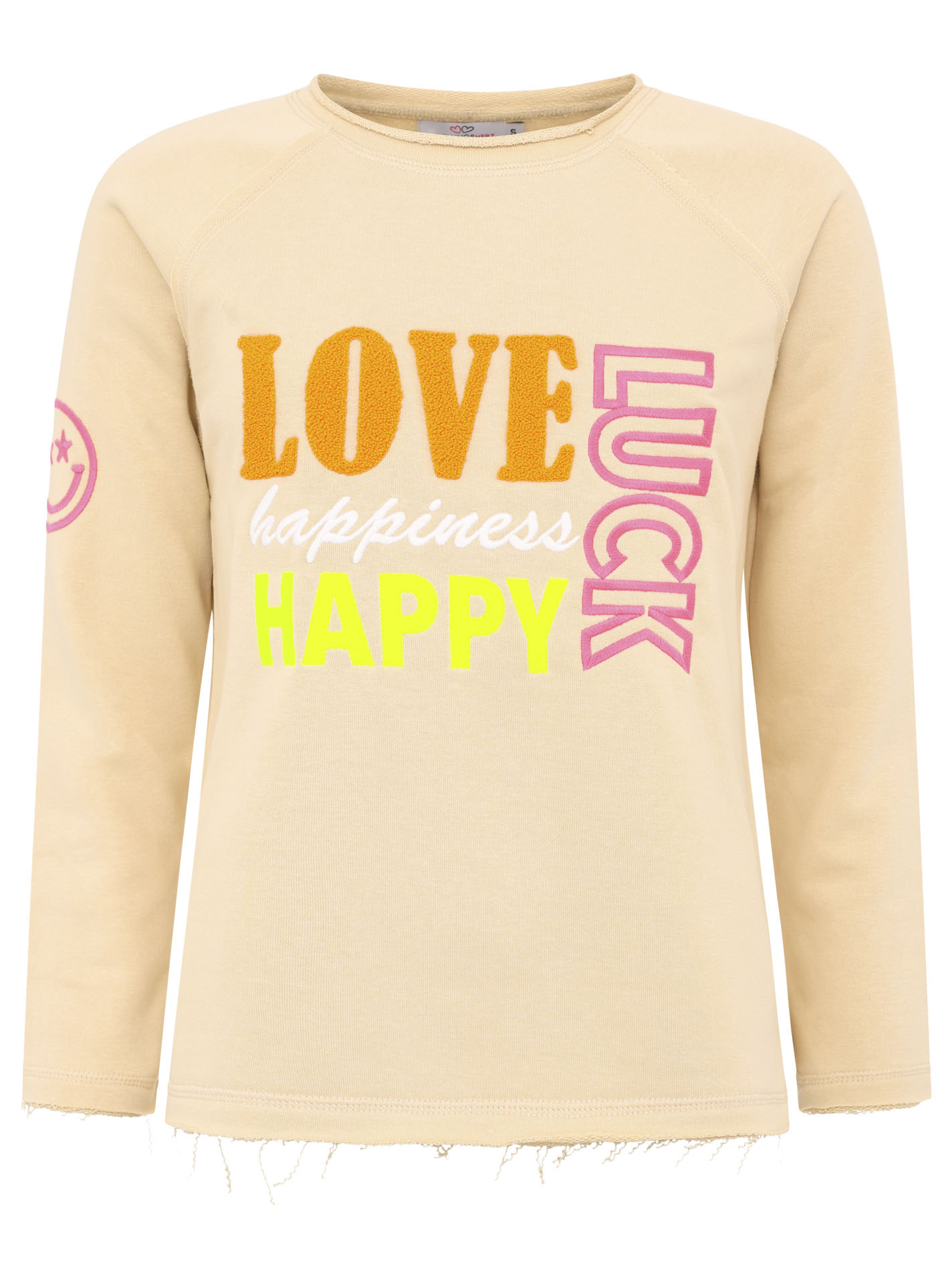 Zwillingsherz Sweater ""Love Luck Happy"", mit Used-Look Kanten und fröhlic günstig online kaufen