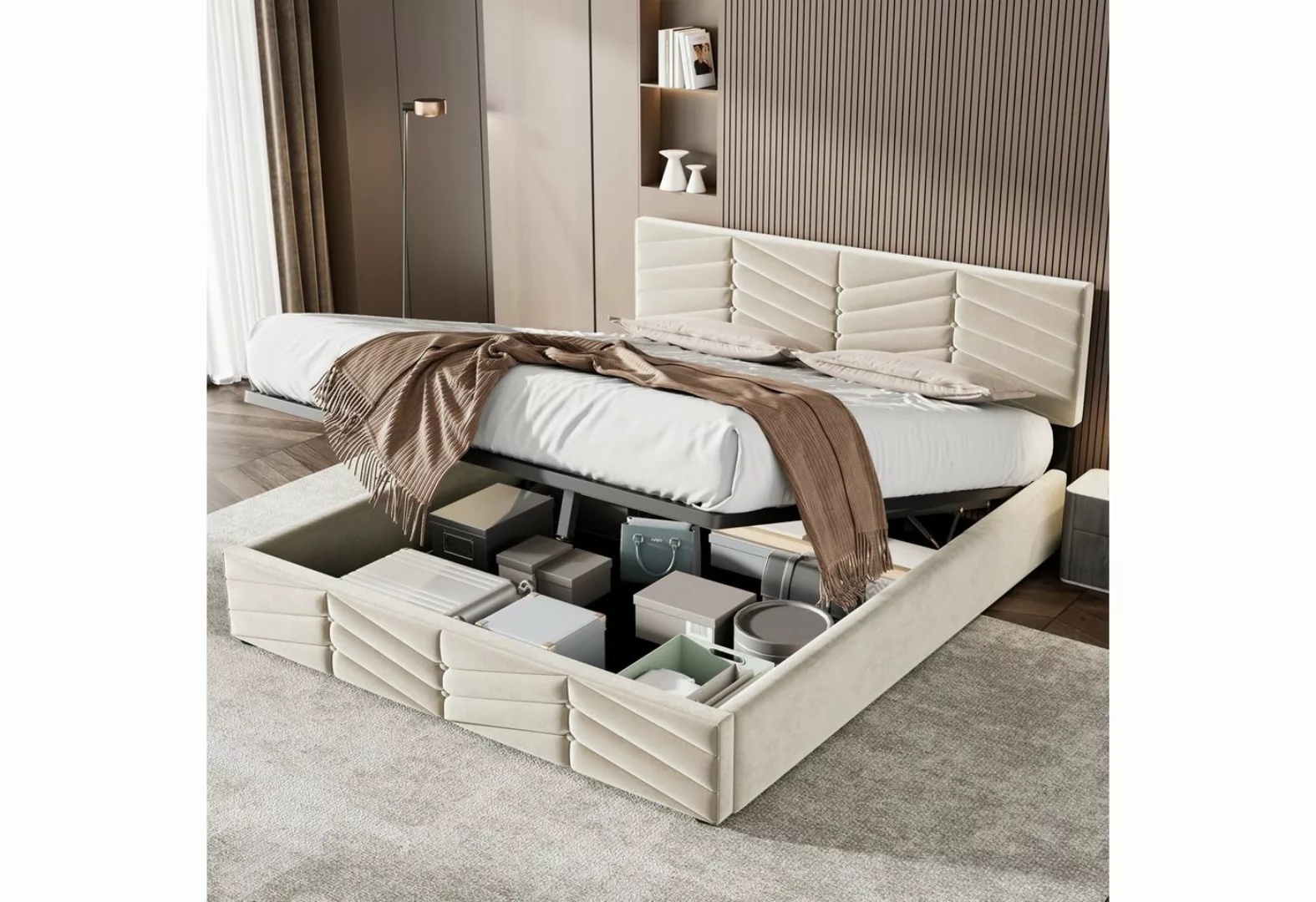 OKWISH Polsterbett Doppelbett Stauraumbett (140 x 200,Weiß mit Lattenrost o günstig online kaufen