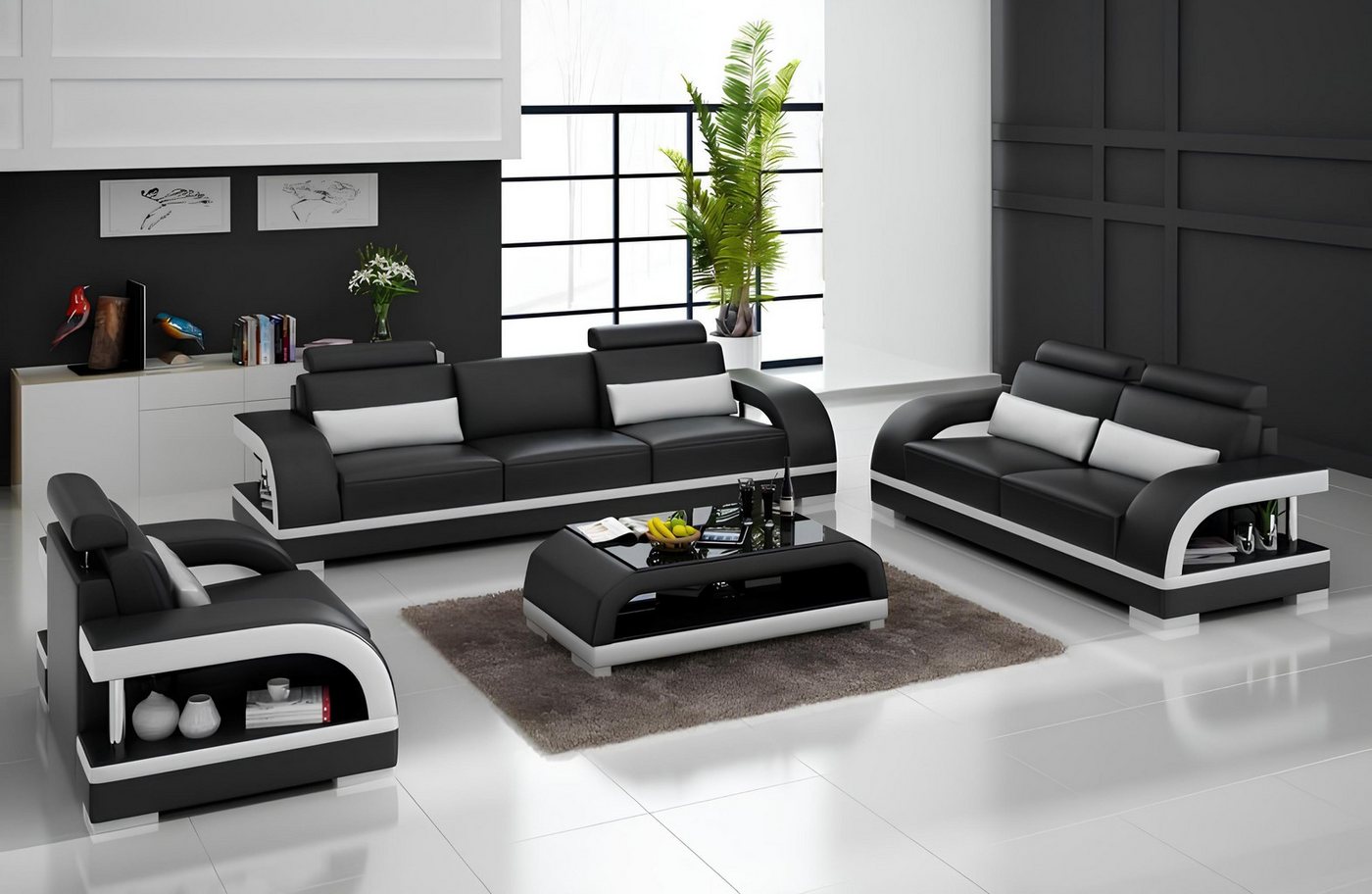 Xlmoebel Sofa Neues Designer Ledersofa Set 3+2+1 in Schwarz-Weiß, Zitadelle günstig online kaufen