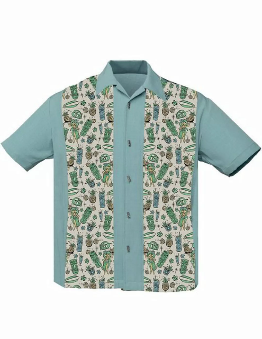Steady Clothing Kurzarmhemd Hula Cocktails Teal Retro Vintage Bowling Shirt günstig online kaufen