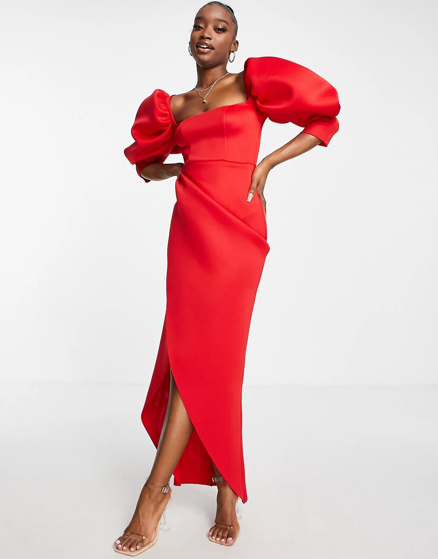 ASOS DESIGN – Maxikleid in Rot mit Puffärmeln und Wickeldesign-Grün günstig online kaufen