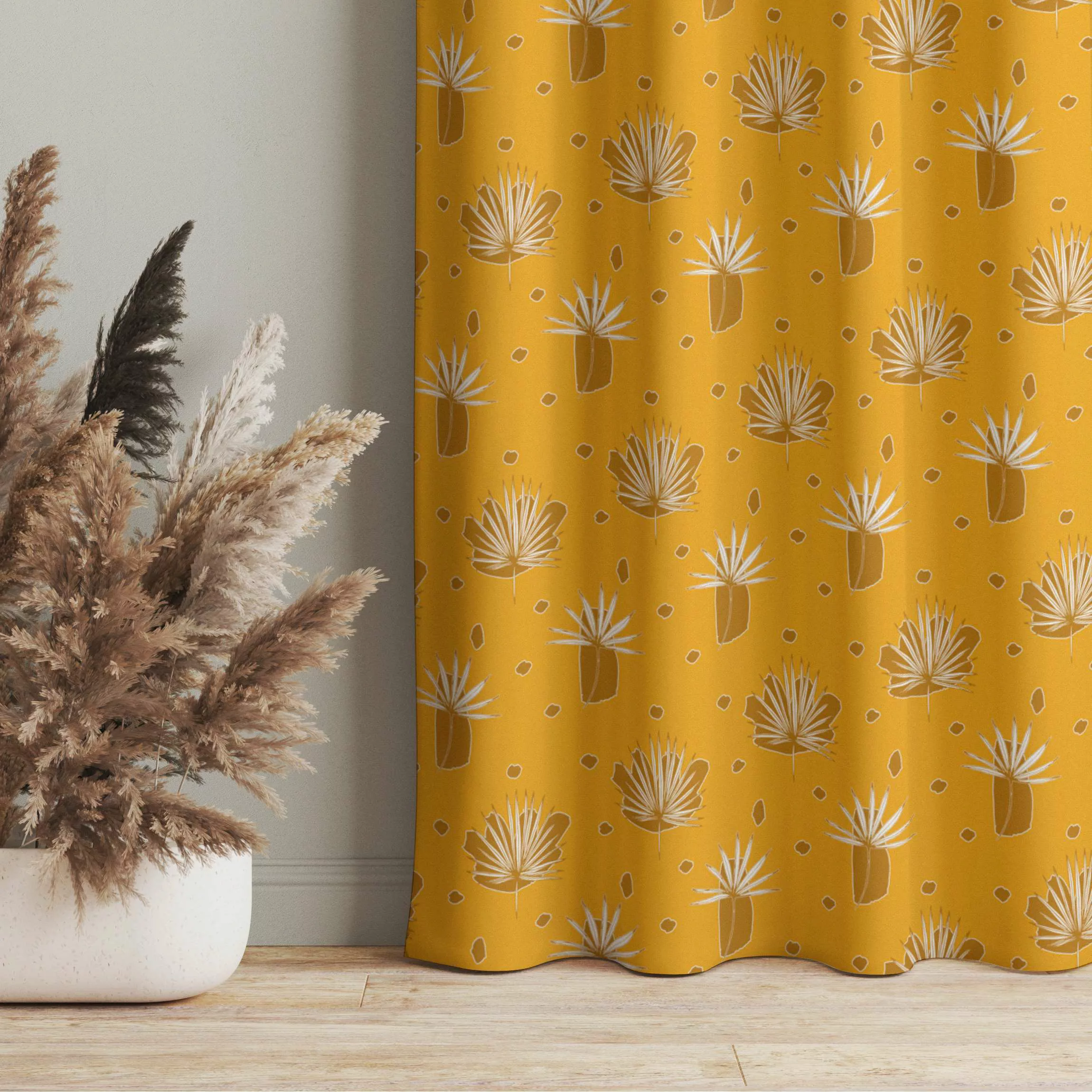 Vorhang Farn Blätter mit Punkten - Warmes Gelb günstig online kaufen