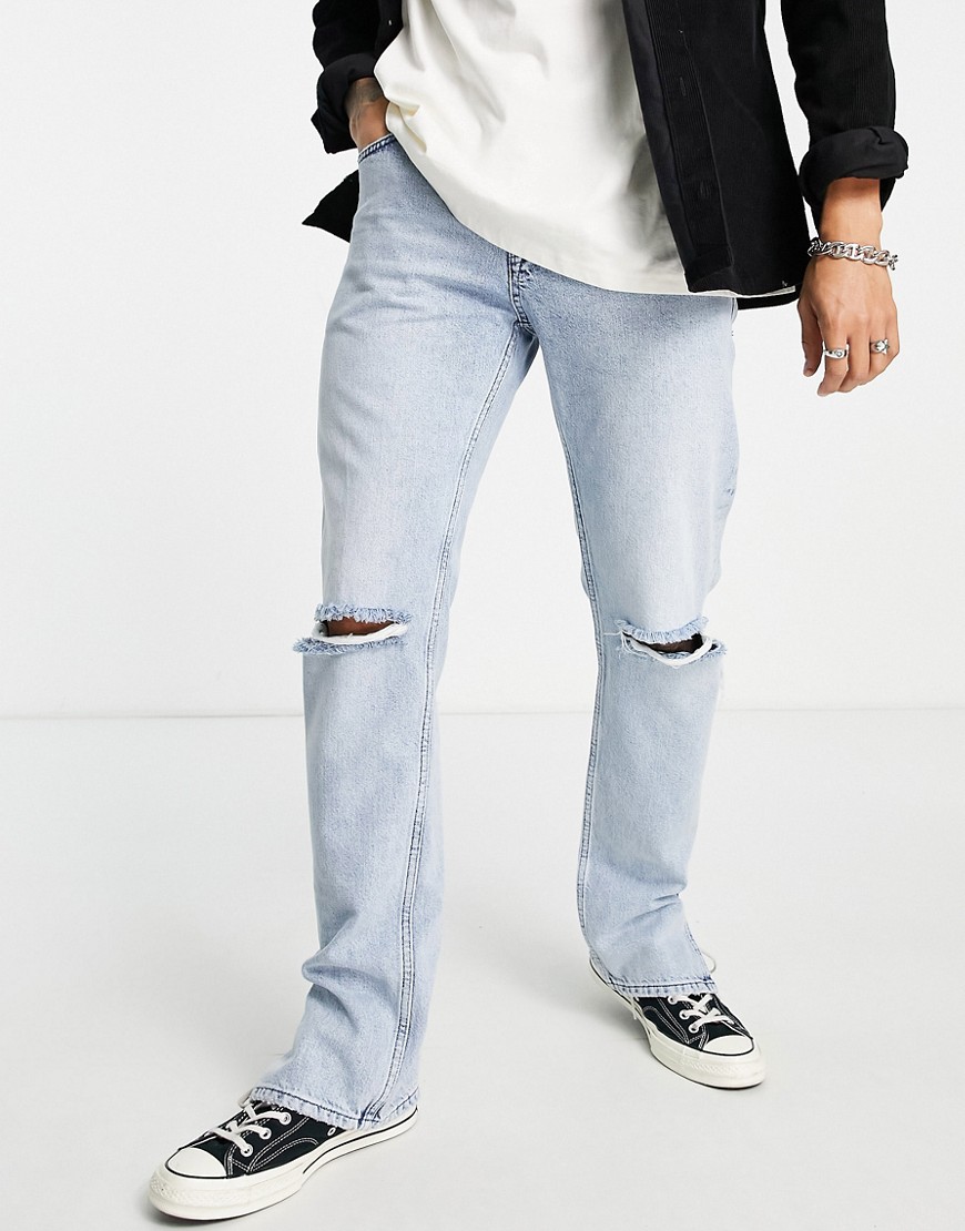 Topman – Straight Jeans in heller Waschung mit Seitenschlitzen-Blau günstig online kaufen