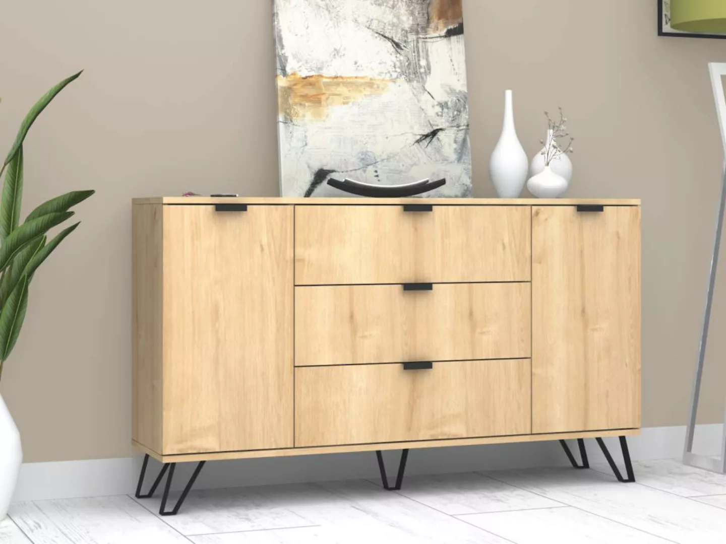 Sideboard mit 2 Türen & 3 Schubladen - Holzfarben & Schwarz - MENODA günstig online kaufen