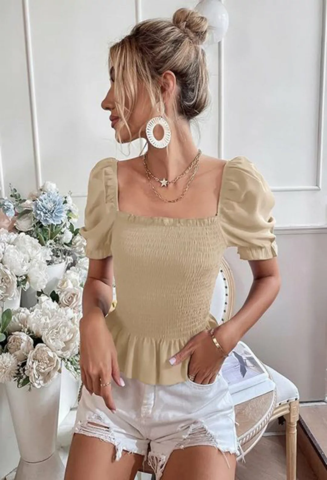 CHENIN Kurzarmhemd Quadratischer Ausschnitt Peplum Bubble Sleeve Top Schlan günstig online kaufen