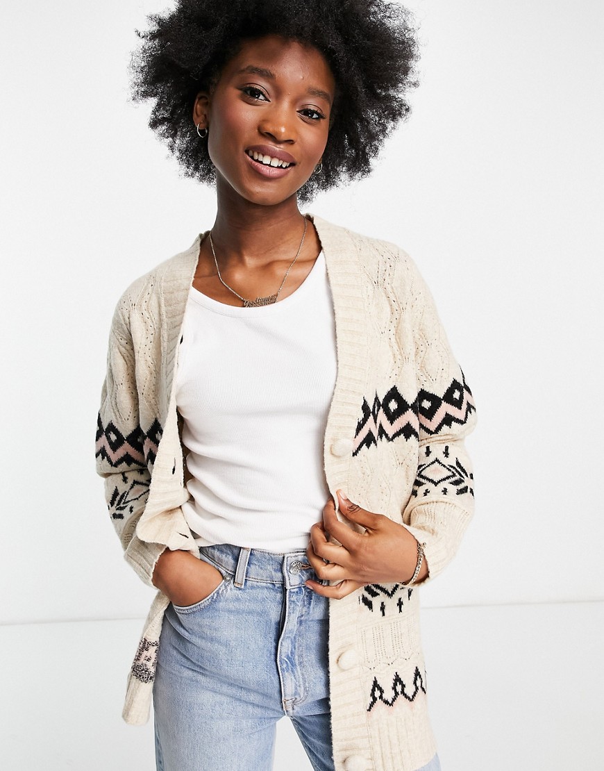 Miss Selfridge – Longline-Strickjacke mit Norweger- und Zopfmuster-Mehrfarb günstig online kaufen