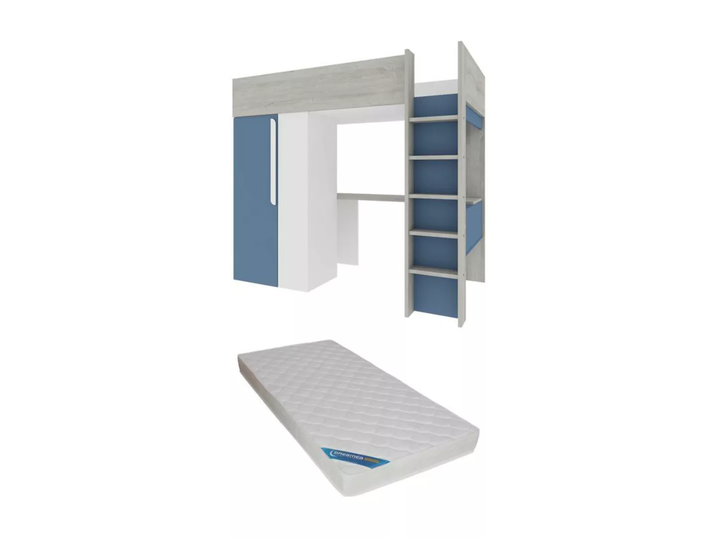 Hochbett mit Schreibtisch & Kleiderschrank + Matratze  - 90 x 200 cm - Blau günstig online kaufen