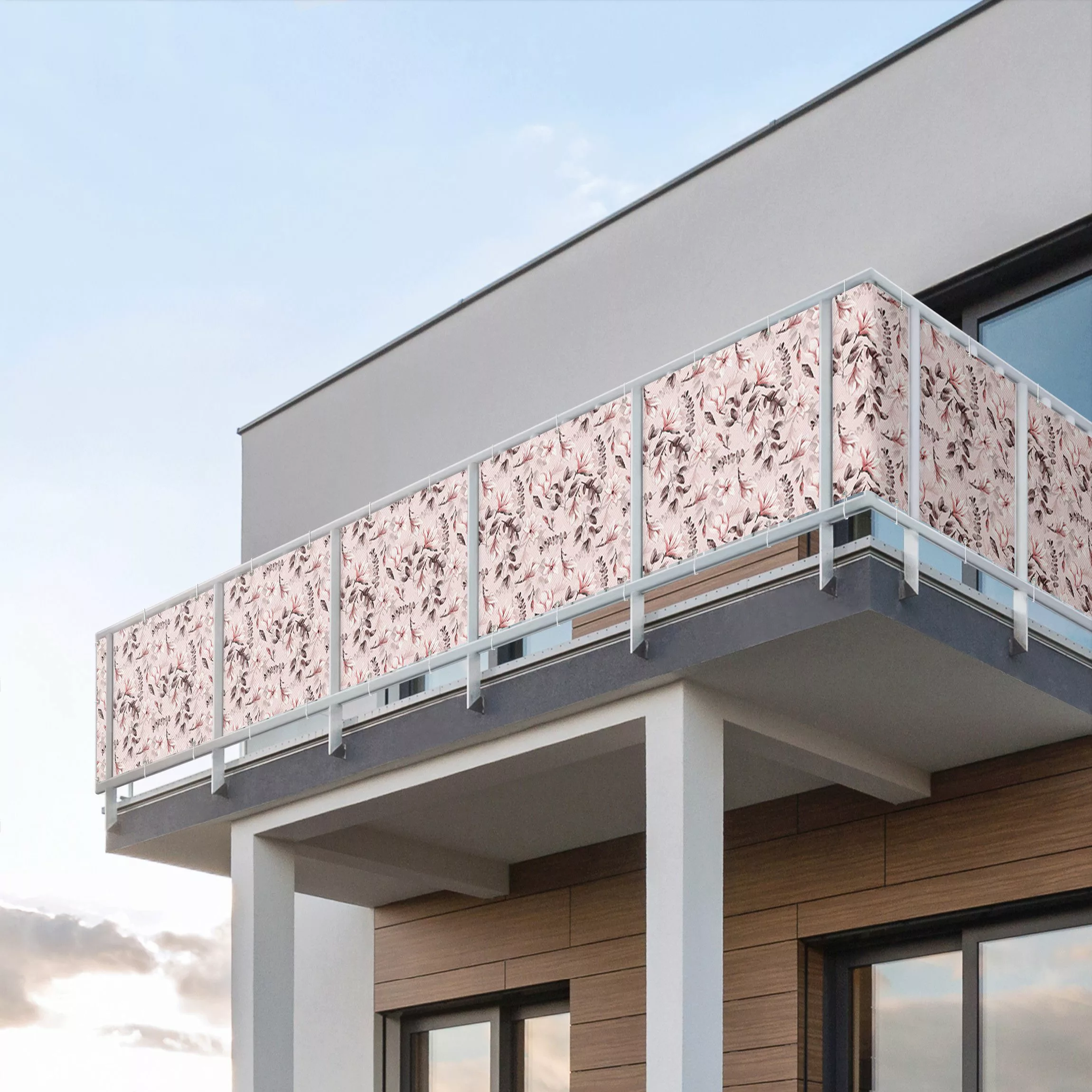 Balkon Sichtschutz Blüten mit Grauen Blättern vor Rosa günstig online kaufen