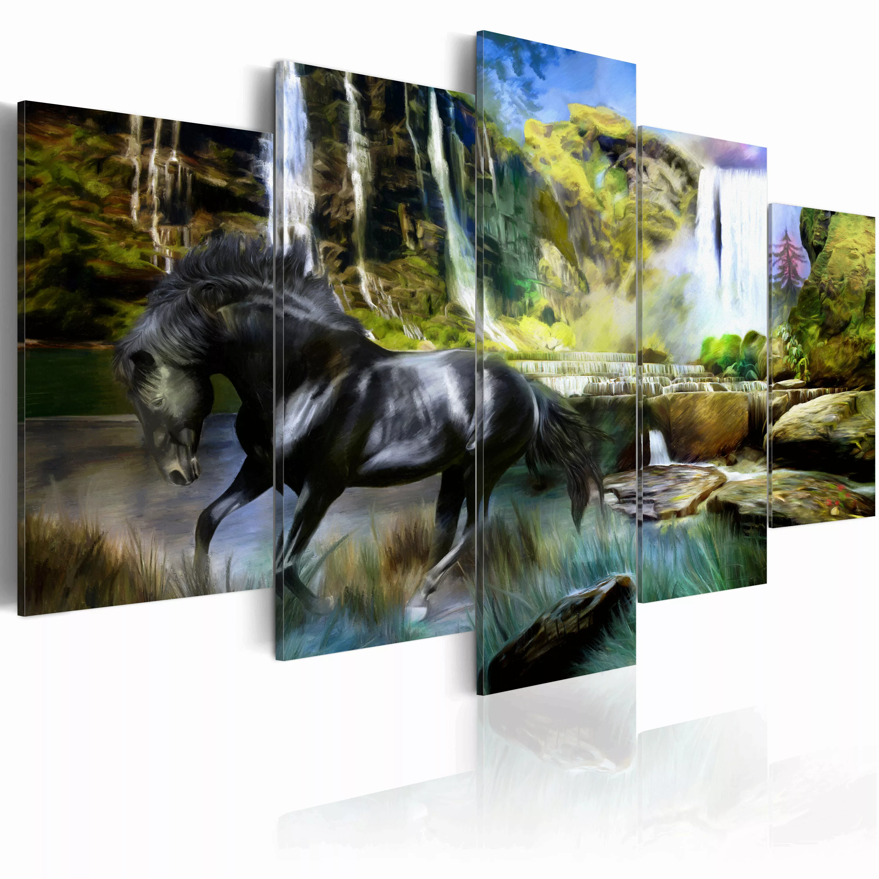 Wandbild - Schwares Pferd Vor Paradisischem Wasserfall günstig online kaufen