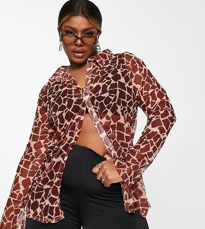 Labelrail x Francesca Perks – Hemd aus Netzstoff mit Giraffen-Print in Rost günstig online kaufen