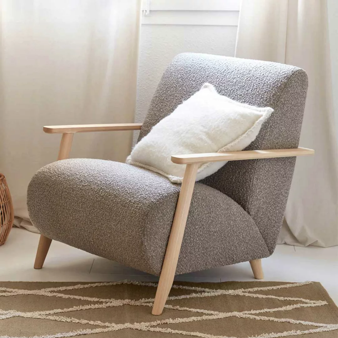 Retro Stil Lounge Sessel aus Chenillegewebe Holz Armlehnen günstig online kaufen