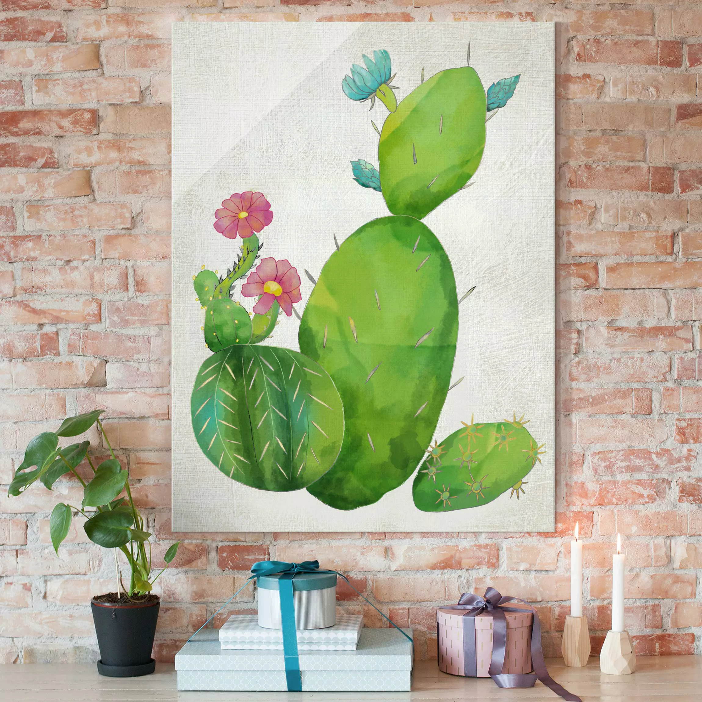 Glasbild Botanik - Hochformat Kaktusfamilie rosa türkis günstig online kaufen