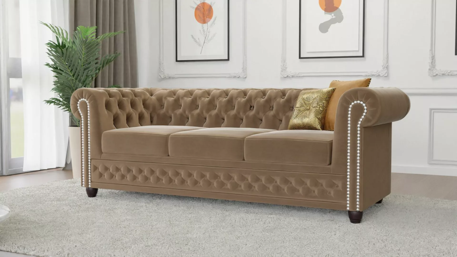 S-Style Möbel Chesterfield-Sofa Lena 3-Sitzer mit Schlaffunktion Samt Bezug günstig online kaufen