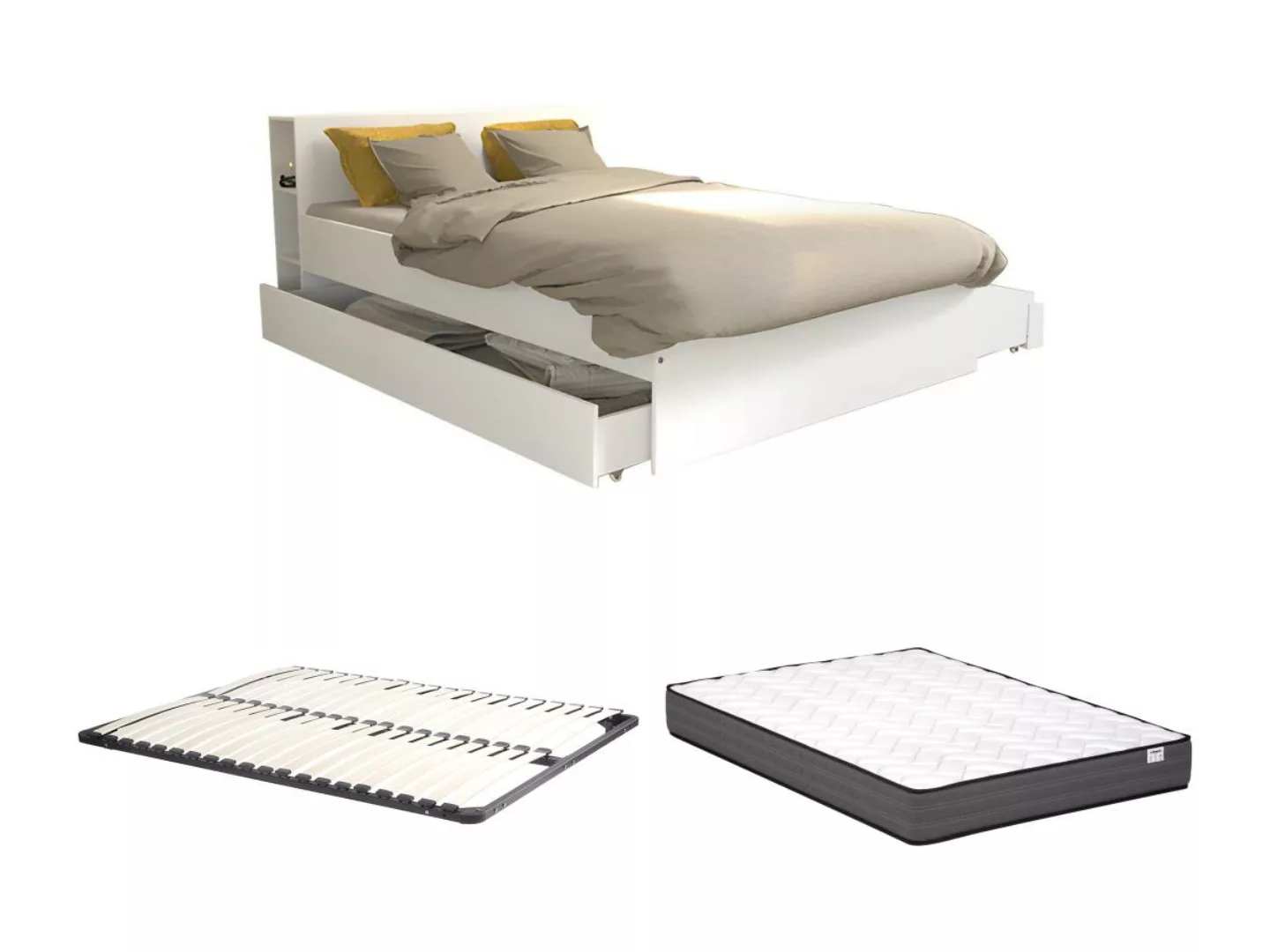 Bett mit Kopfteil, Stauraum und Schubladen - 140 x 190 cm - Weiß + Lattenro günstig online kaufen