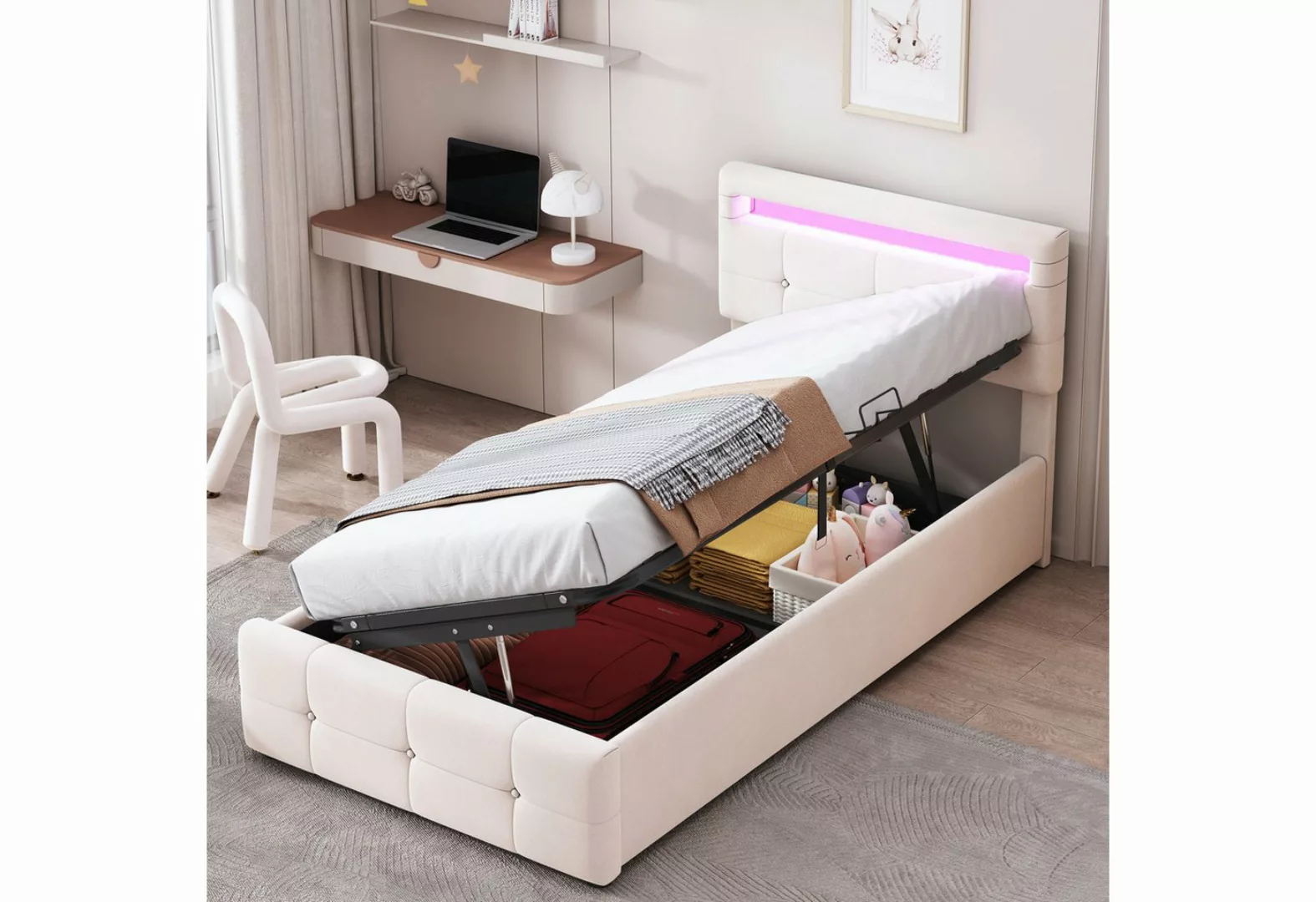 MODFU Bett Polsterbett Kinderbett Jugendbett Gästebett (Mit LED-Beleuchtung günstig online kaufen