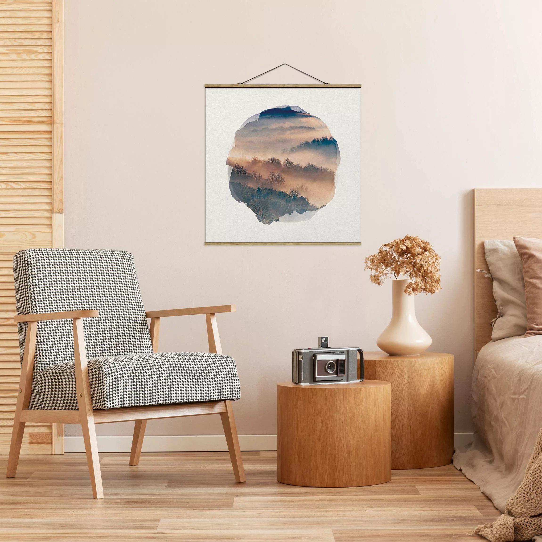 Stoffbild Landschaft mit Posterleisten - Quadrat Wasserfarben - Nebel bei S günstig online kaufen