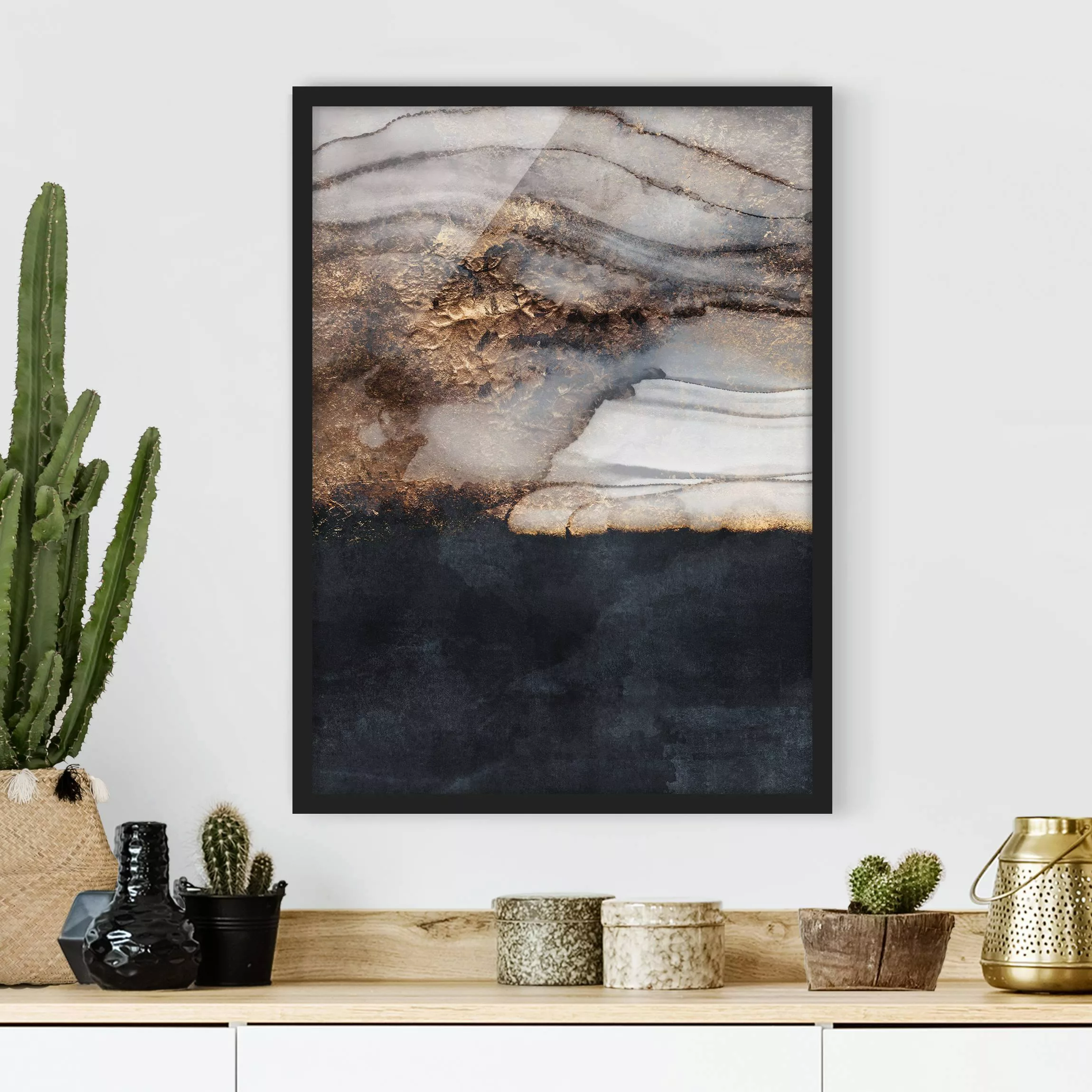 Bild mit Rahmen Abstrakt - Hochformat Goldener Marmor gemalt günstig online kaufen