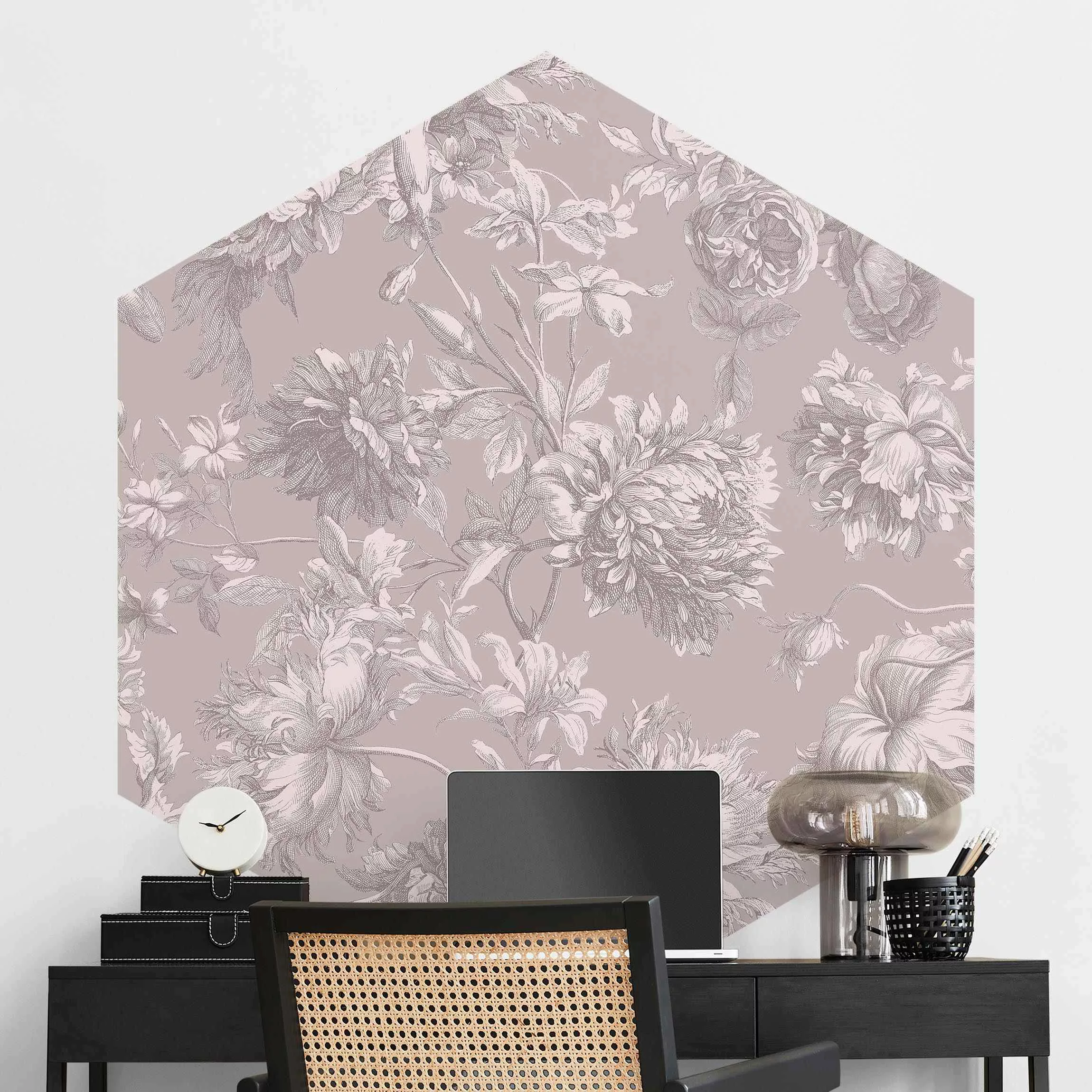 Hexagon Tapete selbstklebend Floraler Kupferstich Sandgrau günstig online kaufen