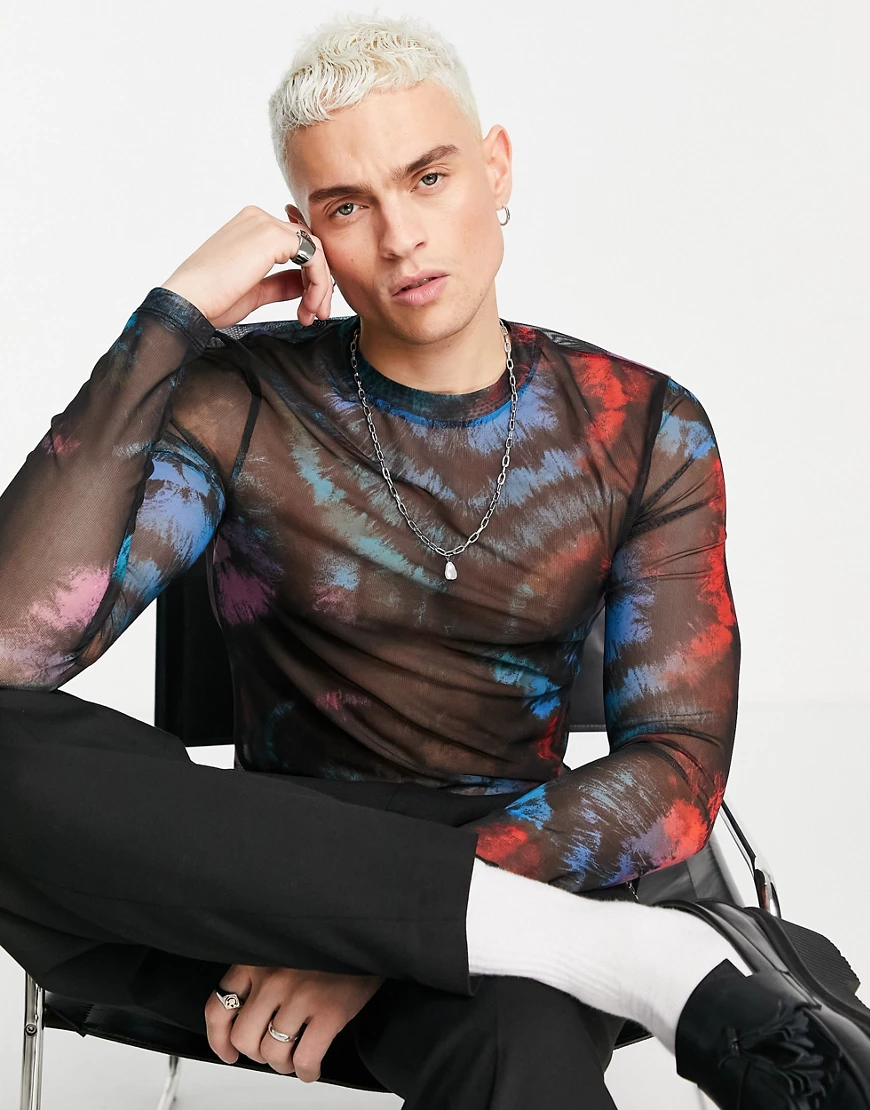 ASOS DESIGN – Langärmliges Muskel-Shirt aus Power-Mesh mit Batikmuster-Mehr günstig online kaufen