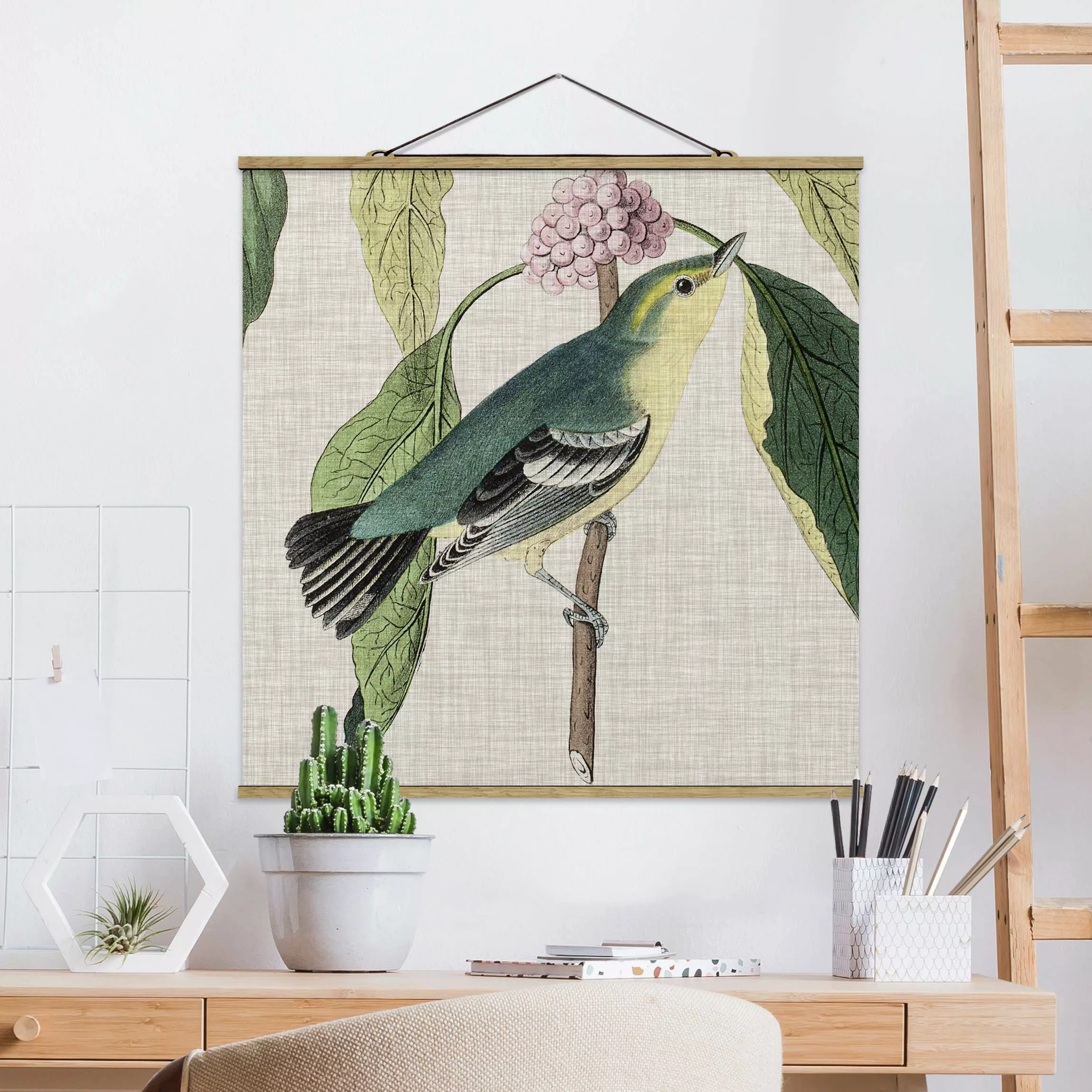 Stoffbild Blumen mit Posterleisten - Quadrat Vogel auf Leinen Rosa I günstig online kaufen