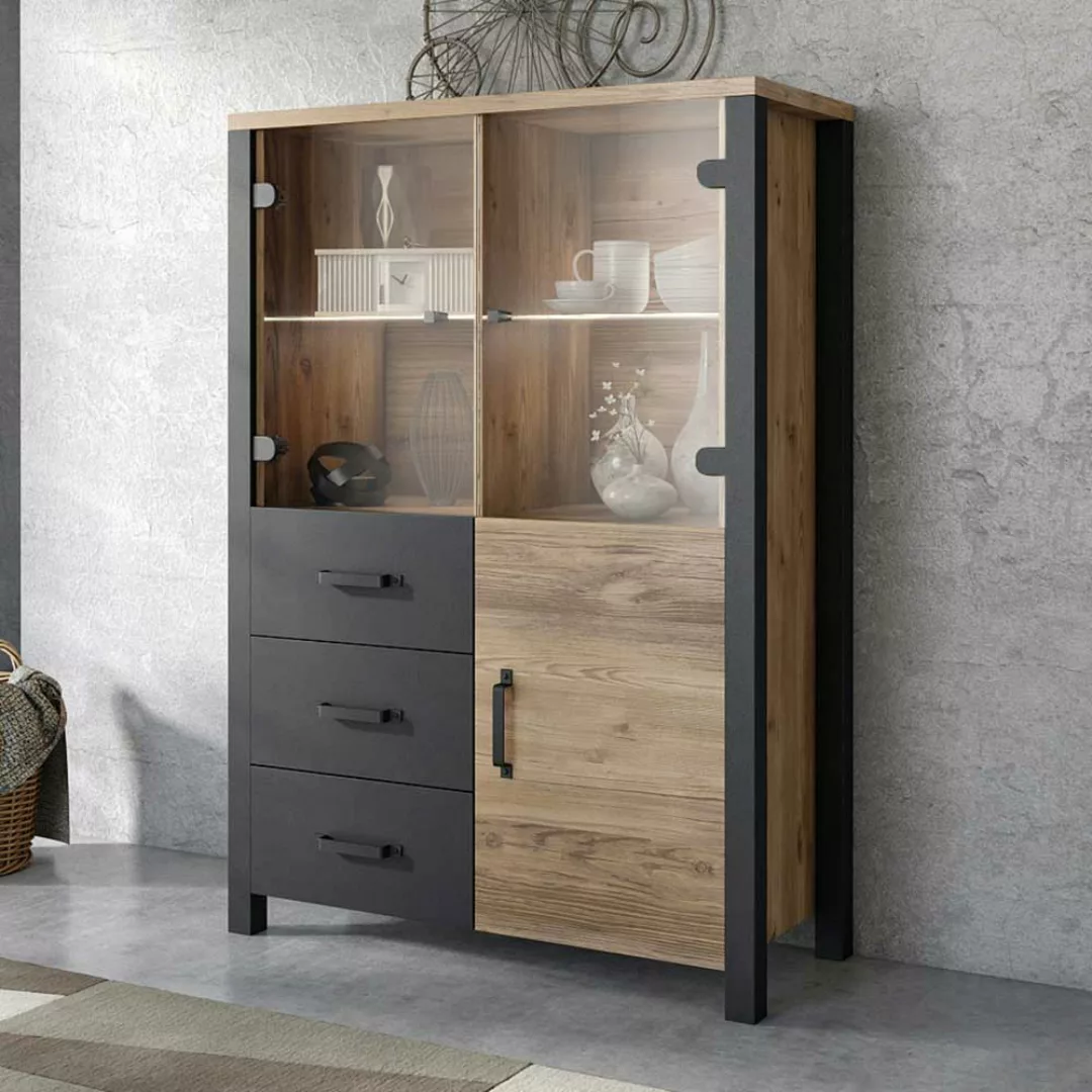 Wohnzimmer Vitrinenschrank im Industry und Loft Stil drei Schubladen günstig online kaufen