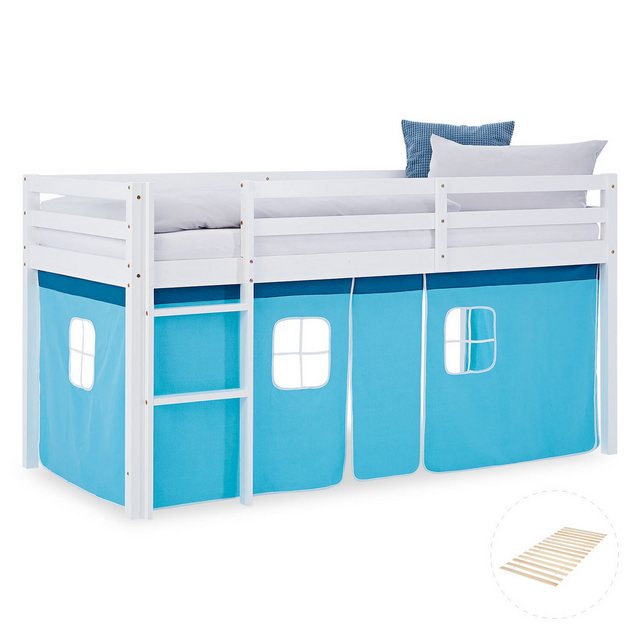 Homestyle4u Hochbett 90x200 Kinderbett Weiß Vorhang Blau 1 Kind Kiefer Leit günstig online kaufen