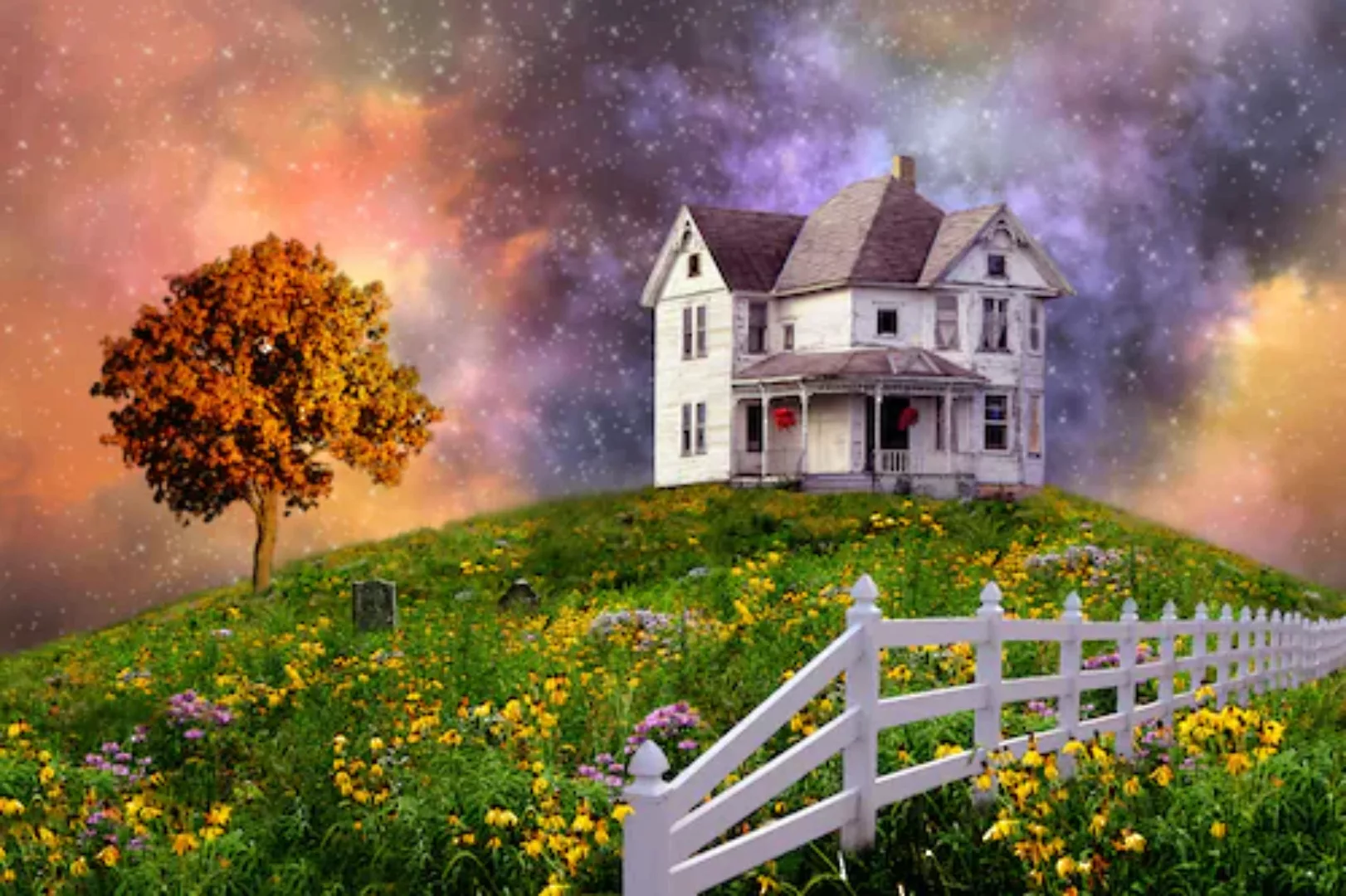 Papermoon Fototapete »SURREAL-FANTASY WOLKEN STERNE HIMMEL BLUMEN LANDSCHAF günstig online kaufen