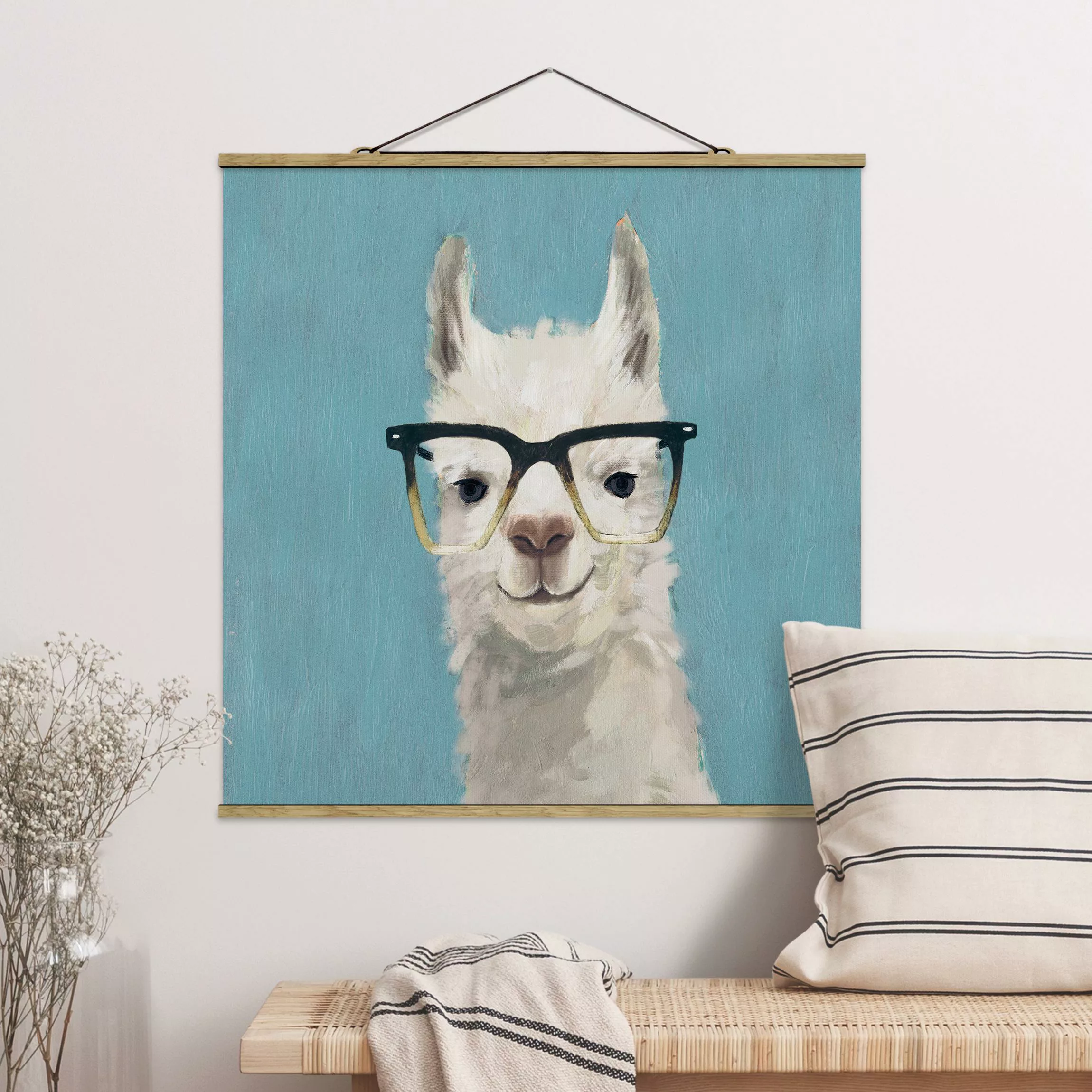 Stoffbild Tiere mit Posterleisten - Quadrat Lama mit Brille IV günstig online kaufen
