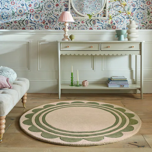 FLAIR RUGS Wollteppich »Lois«, rund, Lois Wollteppich mit Jakobsmuschelbord günstig online kaufen