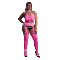 Two Piece with Crop Top and Stockings - Plus Size - Neon Pink günstig online kaufen