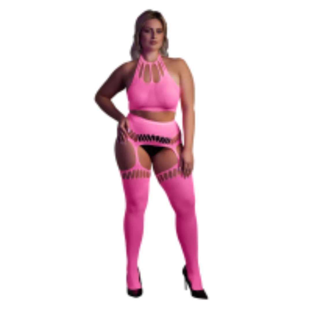 Two Piece with Crop Top and Stockings - Plus Size - Neon Pink günstig online kaufen